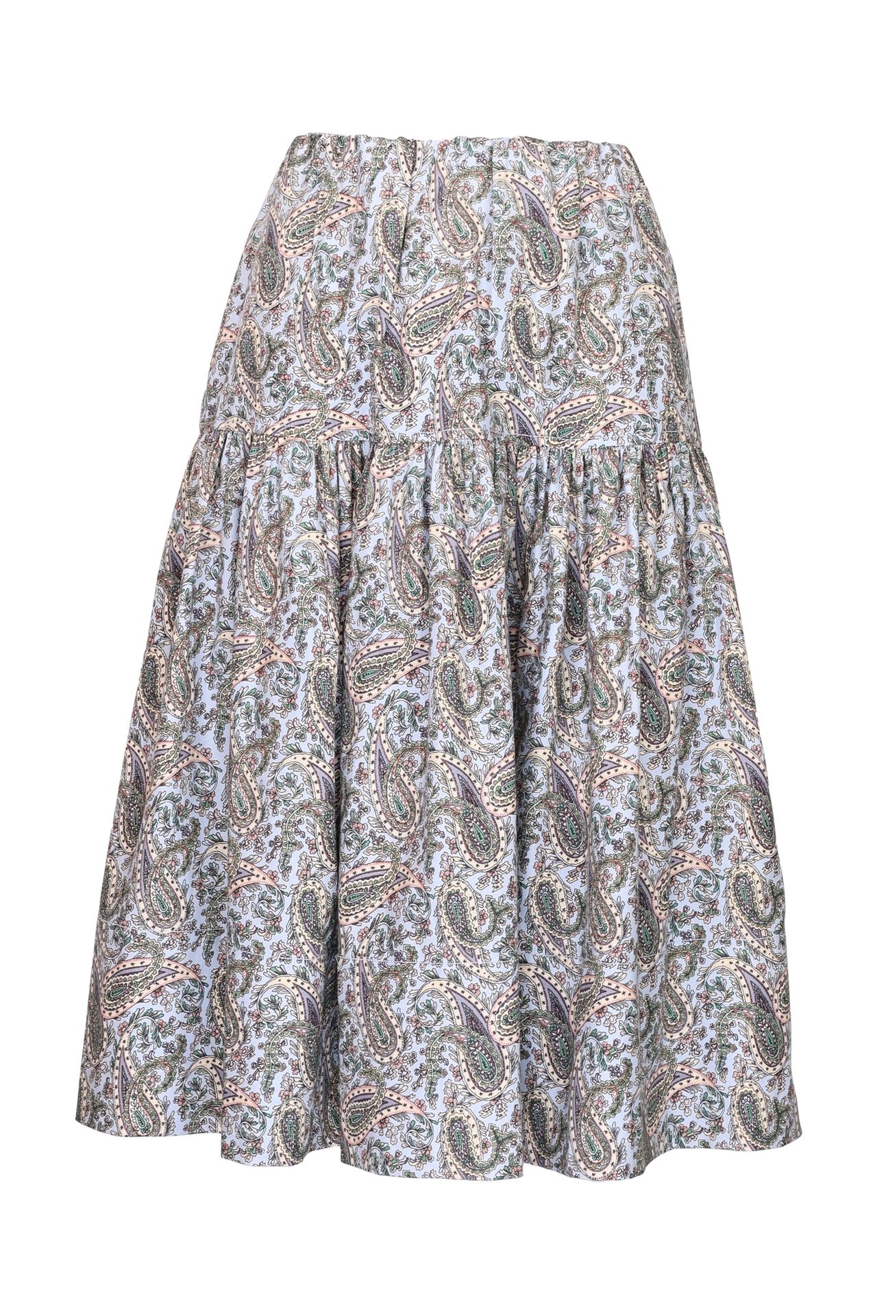 Light blue tiered skirt with multicolor paisley print.