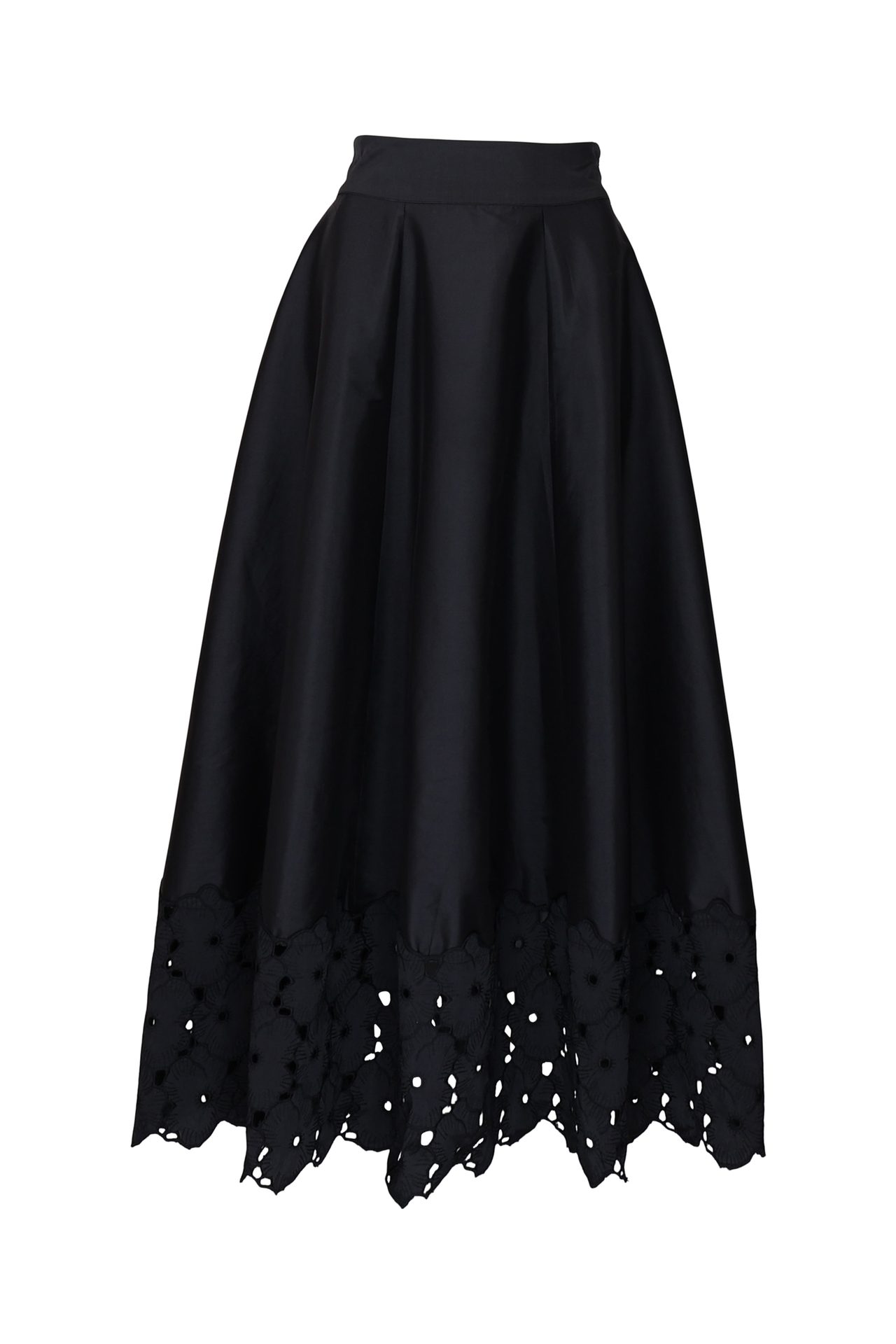 Black A-line skirt with a scalloped, cut-out embroidered hem.