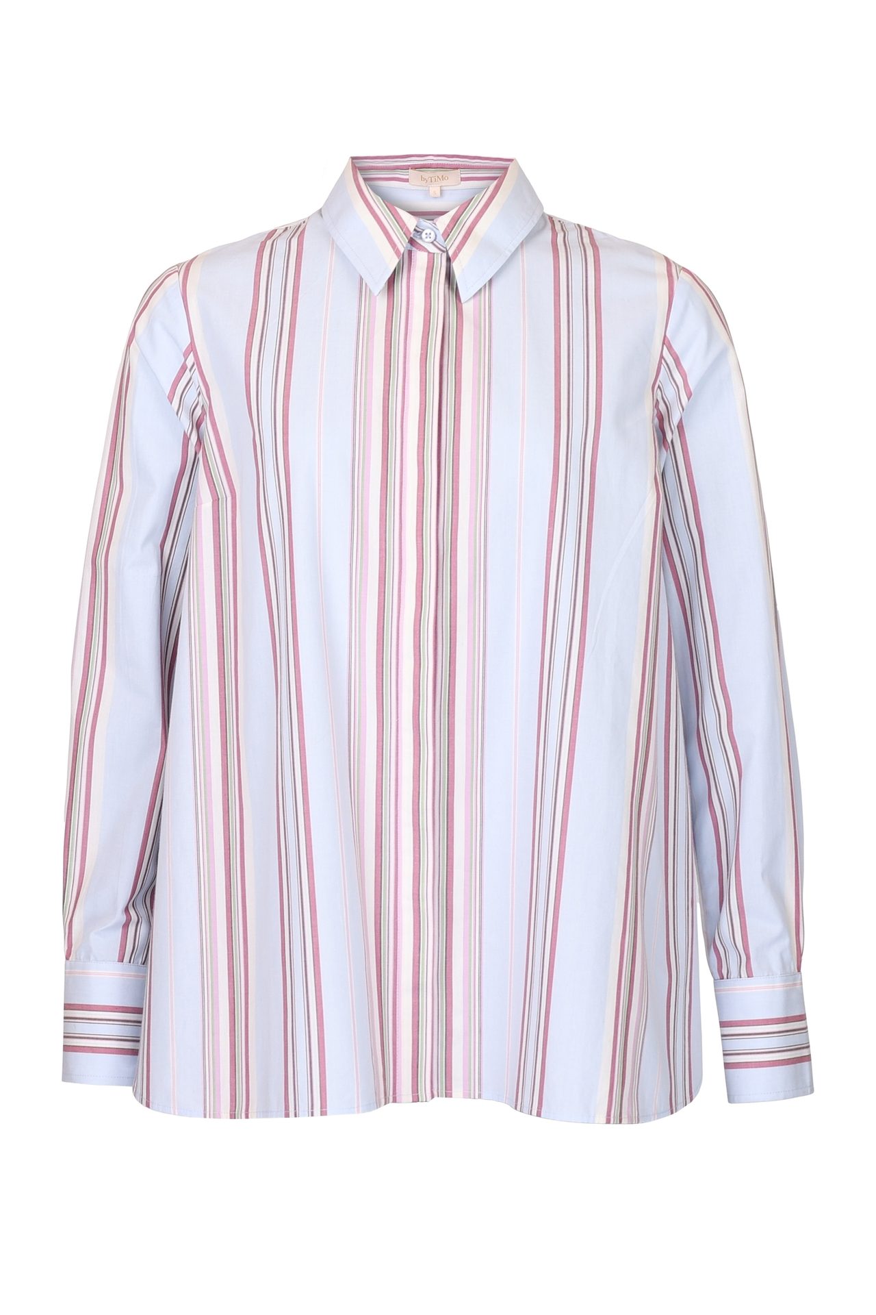 Pale blue collared shirt with vertical stripes in pink, burgundy, white, and light green.