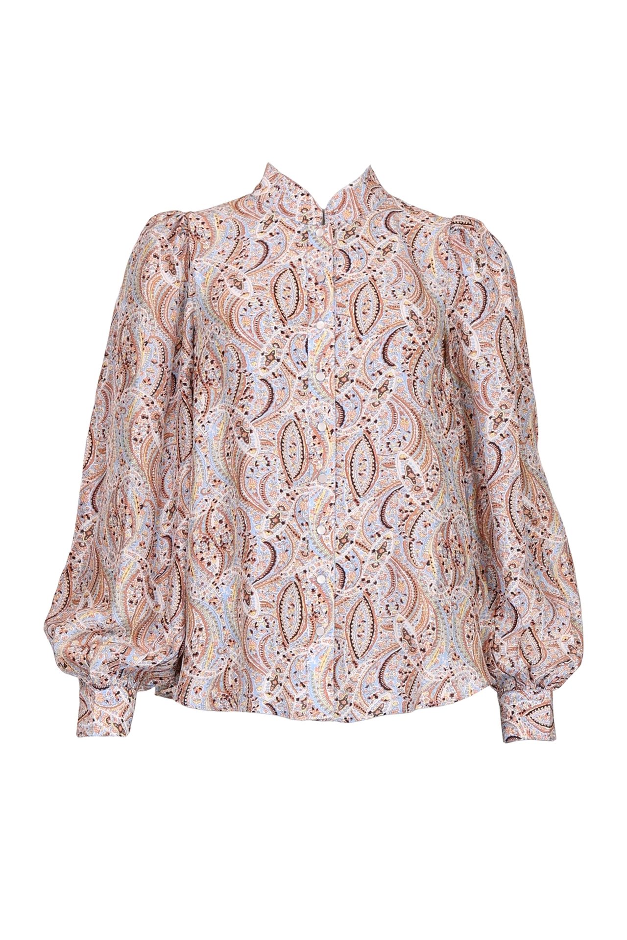 Light blue, brown, and orange paisley print blouse with puffed sleeves and a stand-up collar.