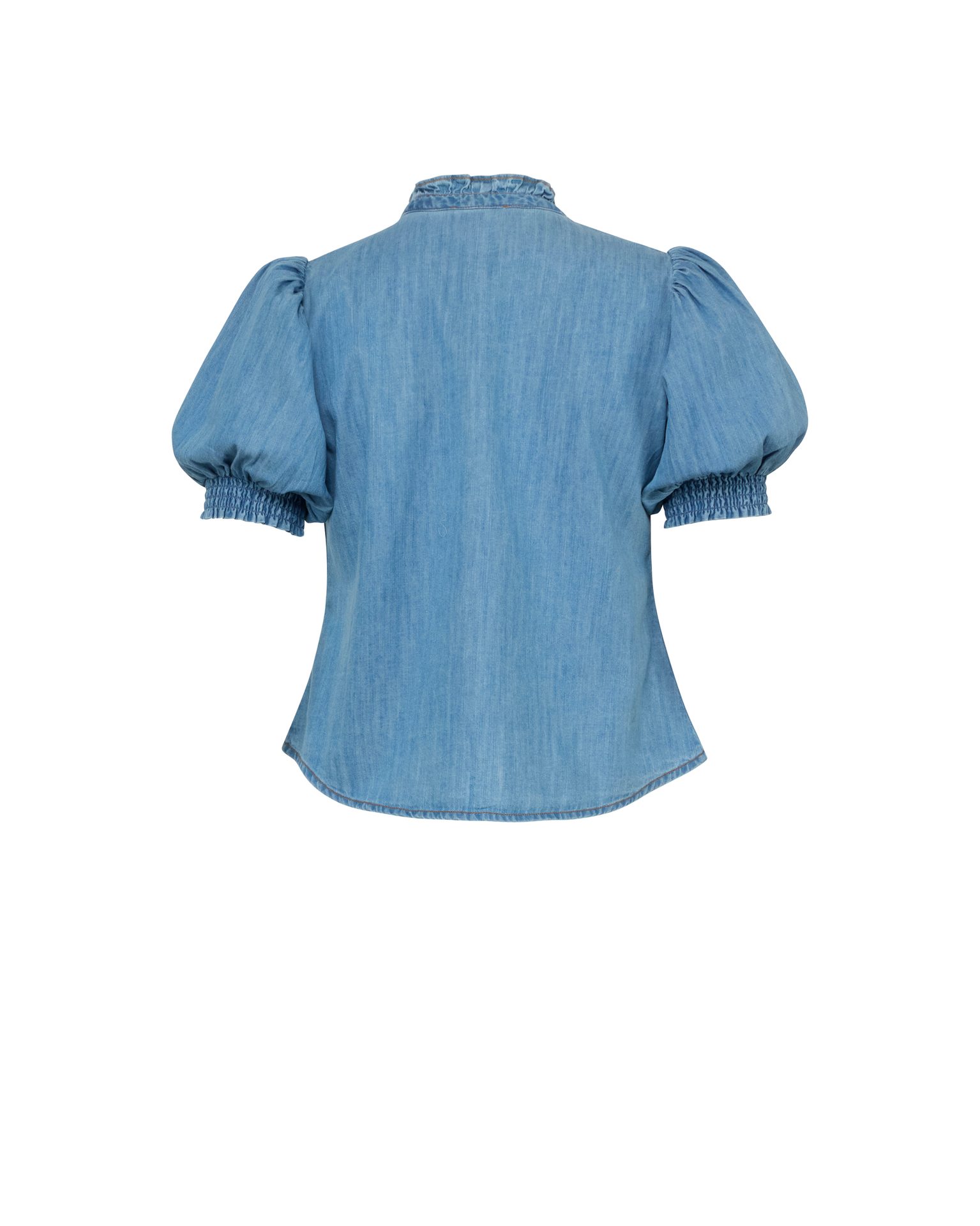 Back view of a light blue denim blouse with puffed short sleeves and a ruffled high neck.