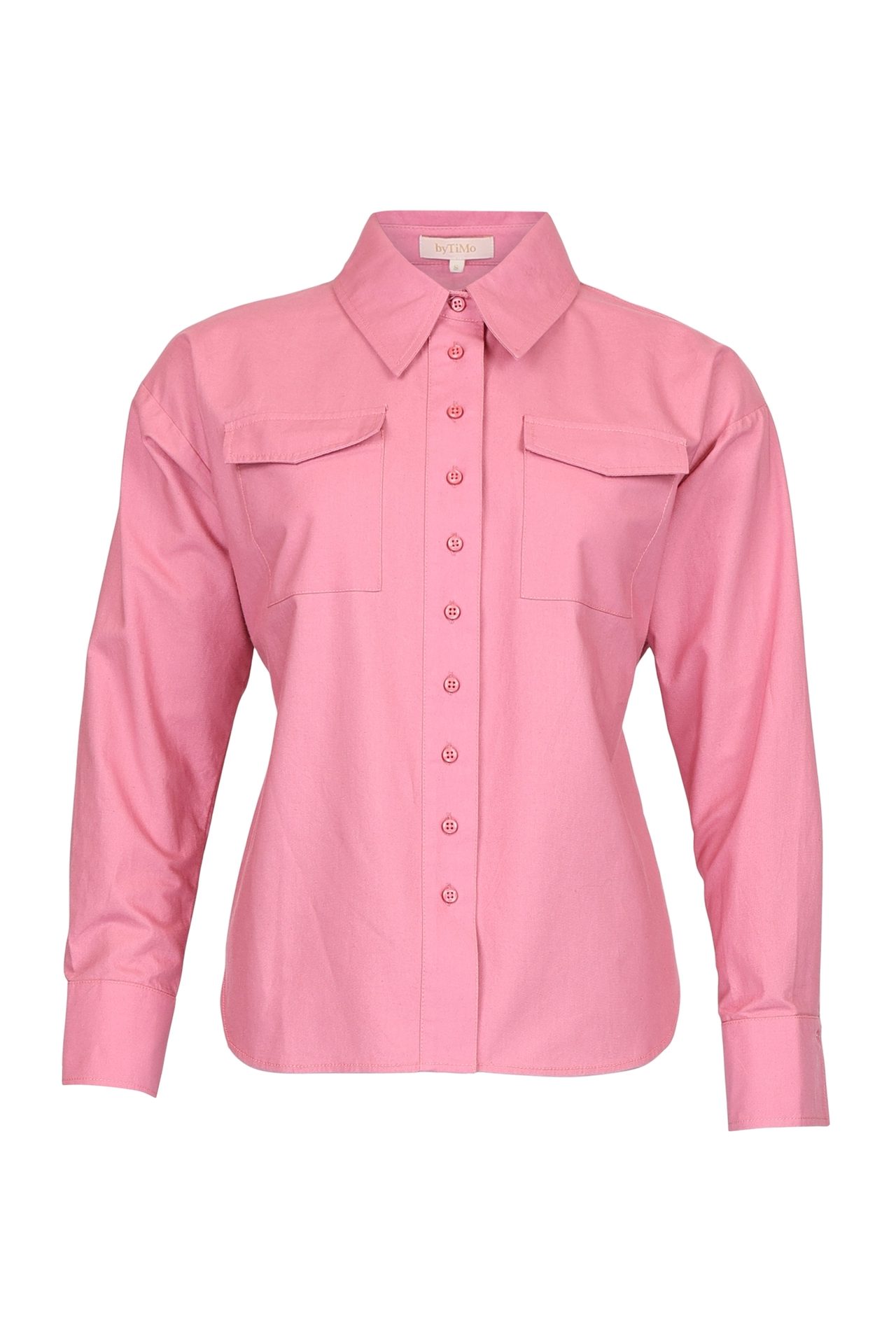 Pink long-sleeved button-down shirt with collar, two chest pockets, by TiMo.