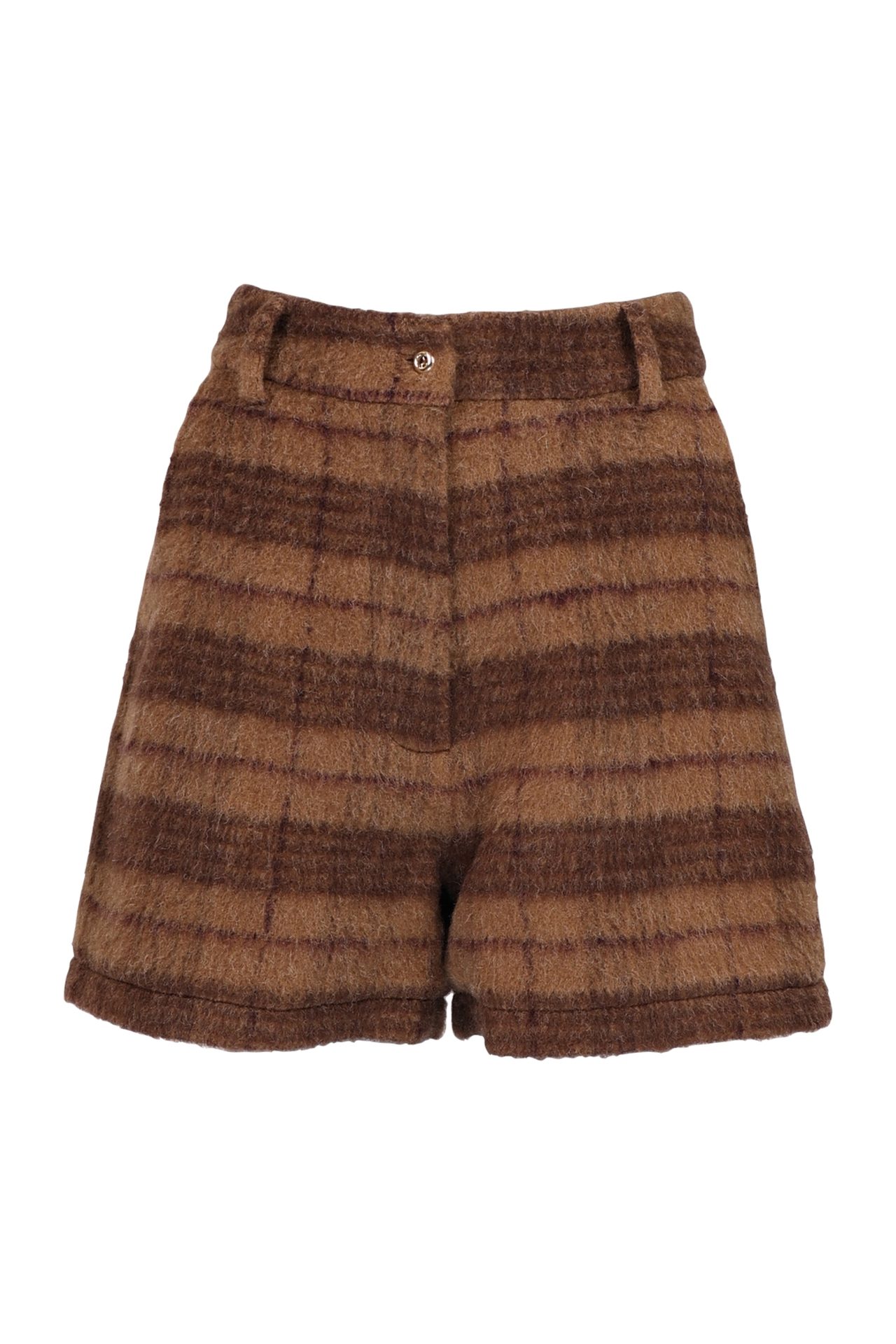 Brown fuzzy plaid shorts.