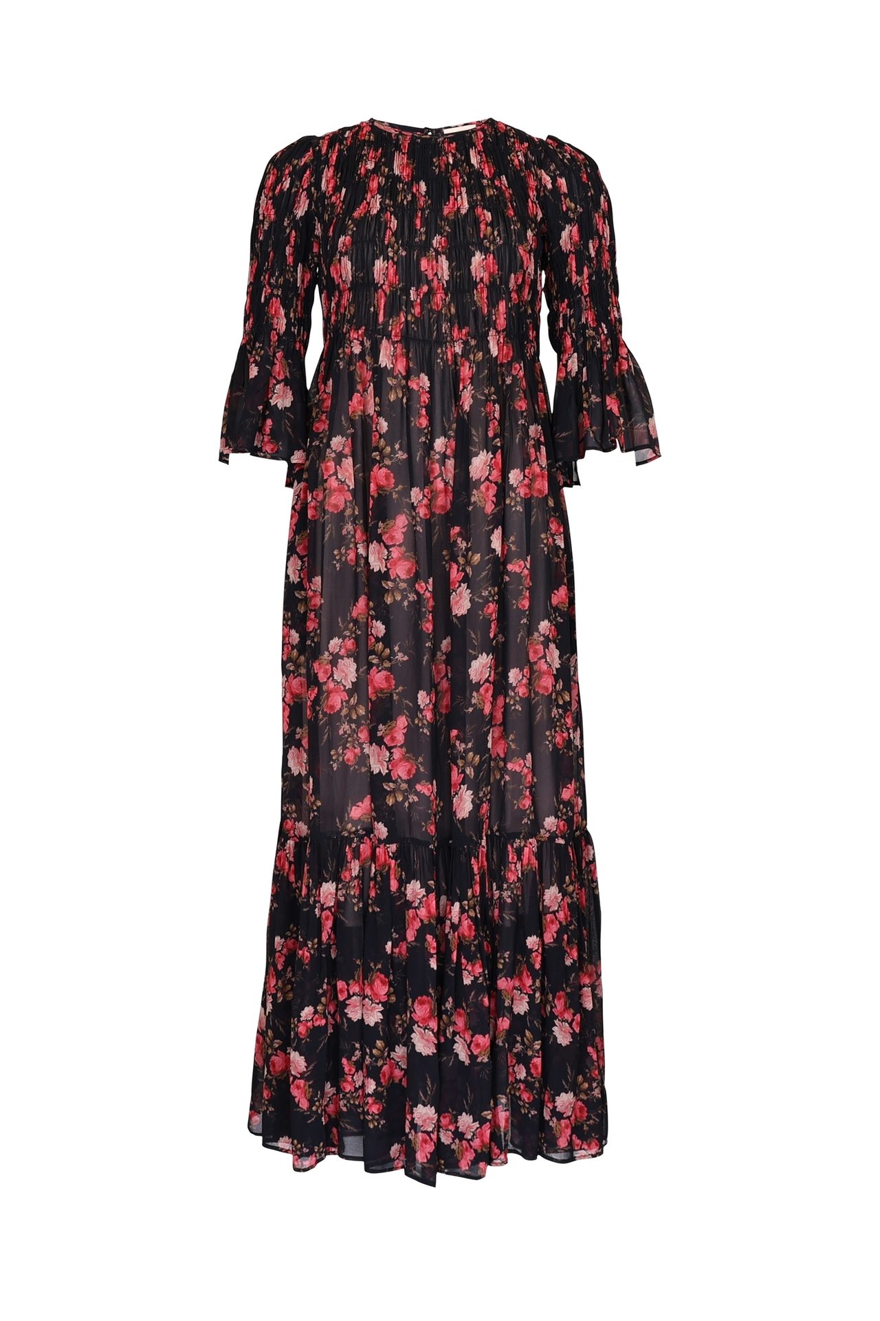 Black floral tiered maxi dress with a smocked bodice and 3/4 ruffled sleeves.