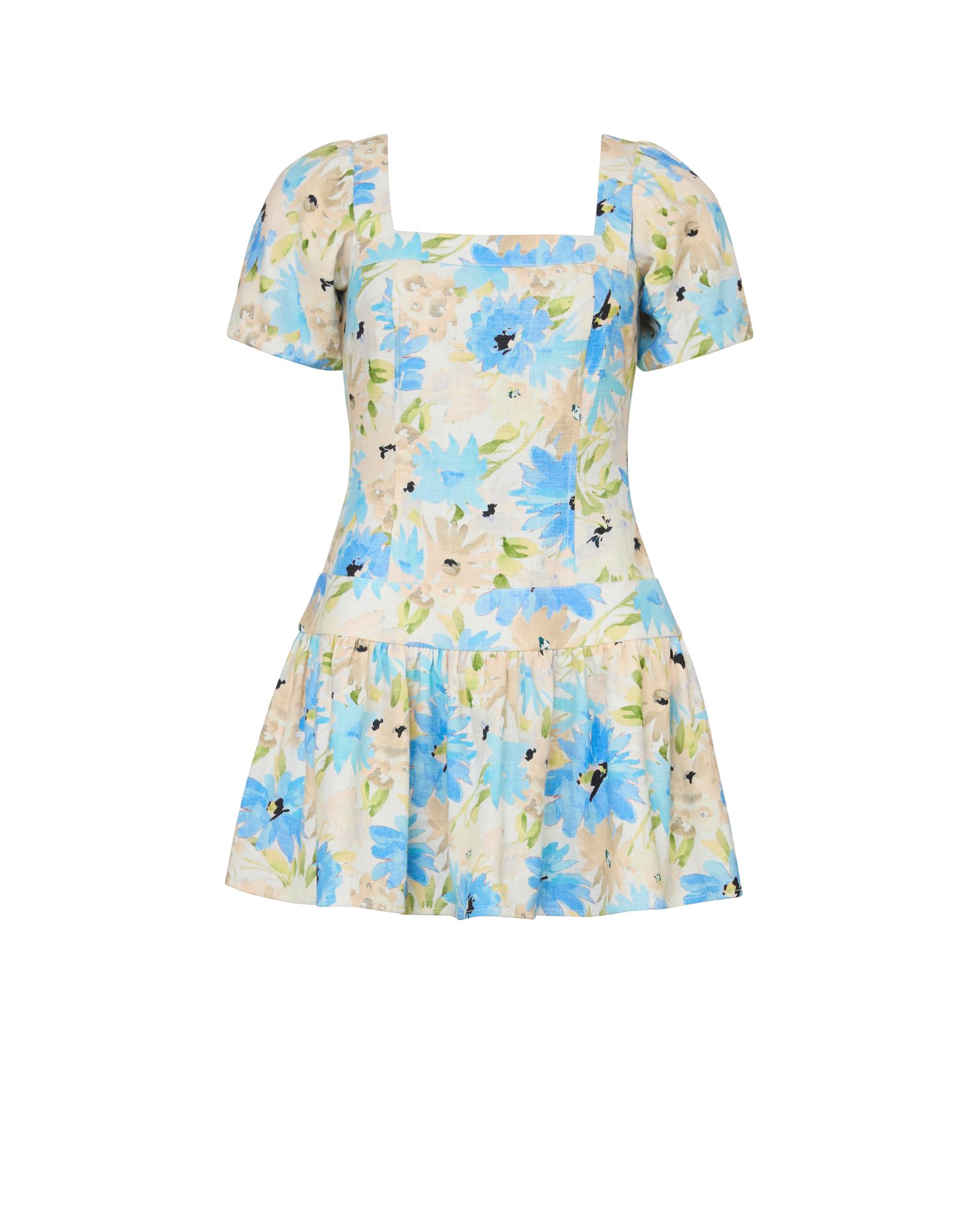 Light blue, beige, and green floral mini dress with a square neckline.