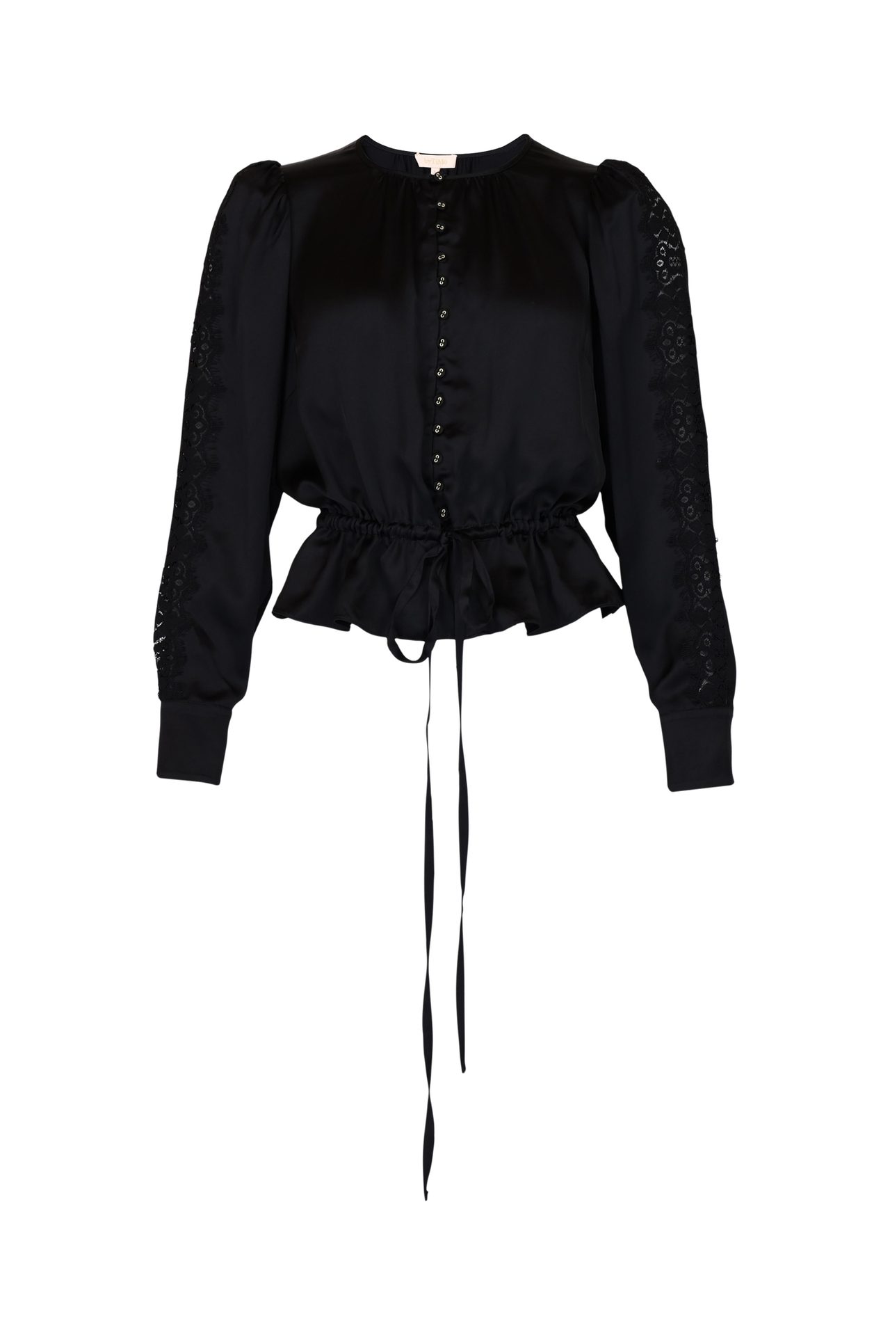 Black satin blouse with lace long sleeves, front closure, and drawstring peplum.