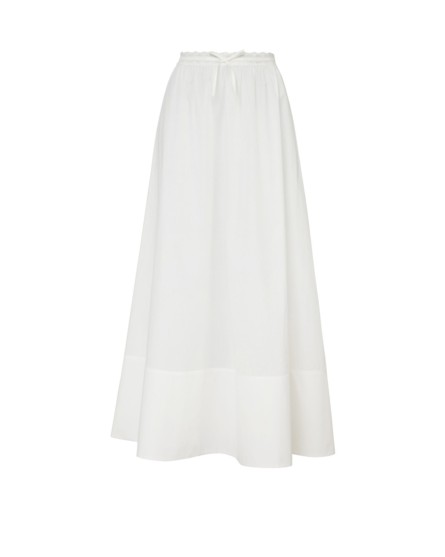 Long white flowing maxi skirt with a lace-trimmed, drawstring elastic waist.