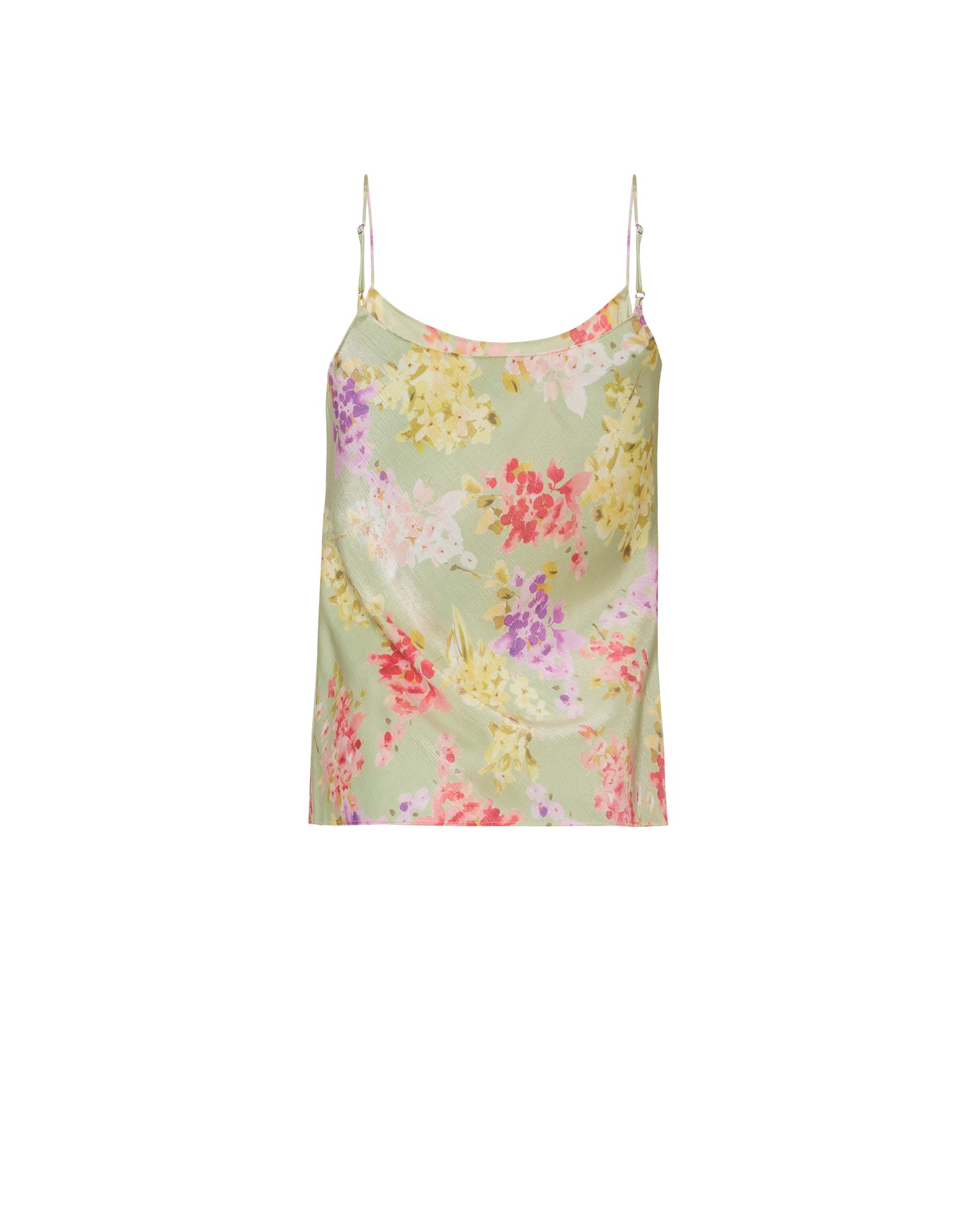 Light green floral camisole with pink, yellow, and purple flowers.