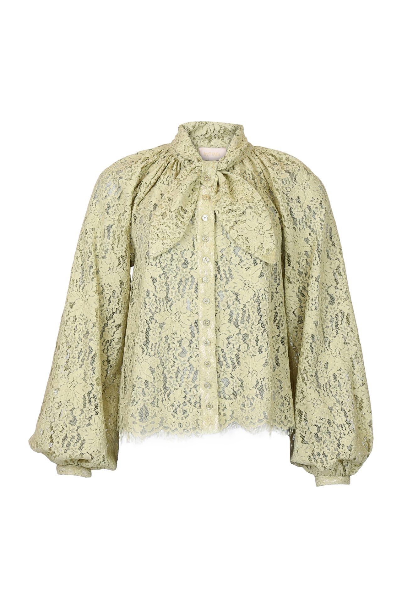 Light green lace pussy-bow blouse with puff sleeves.