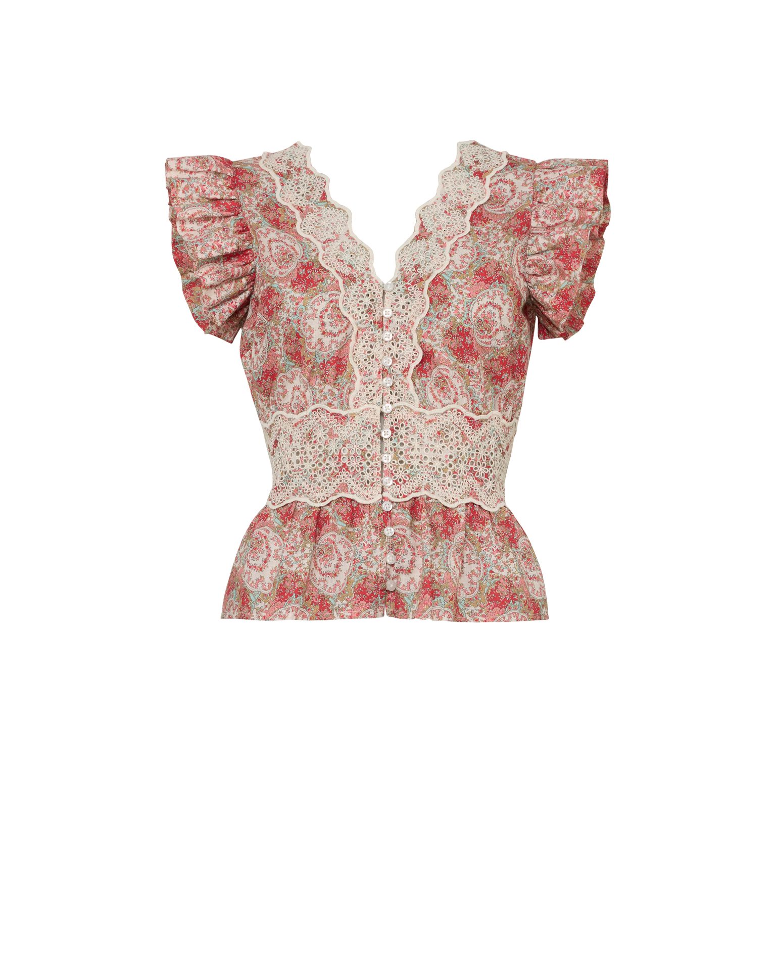 Red paisley blouse with white lace V-neck, ruffled sleeves, and lace waist.