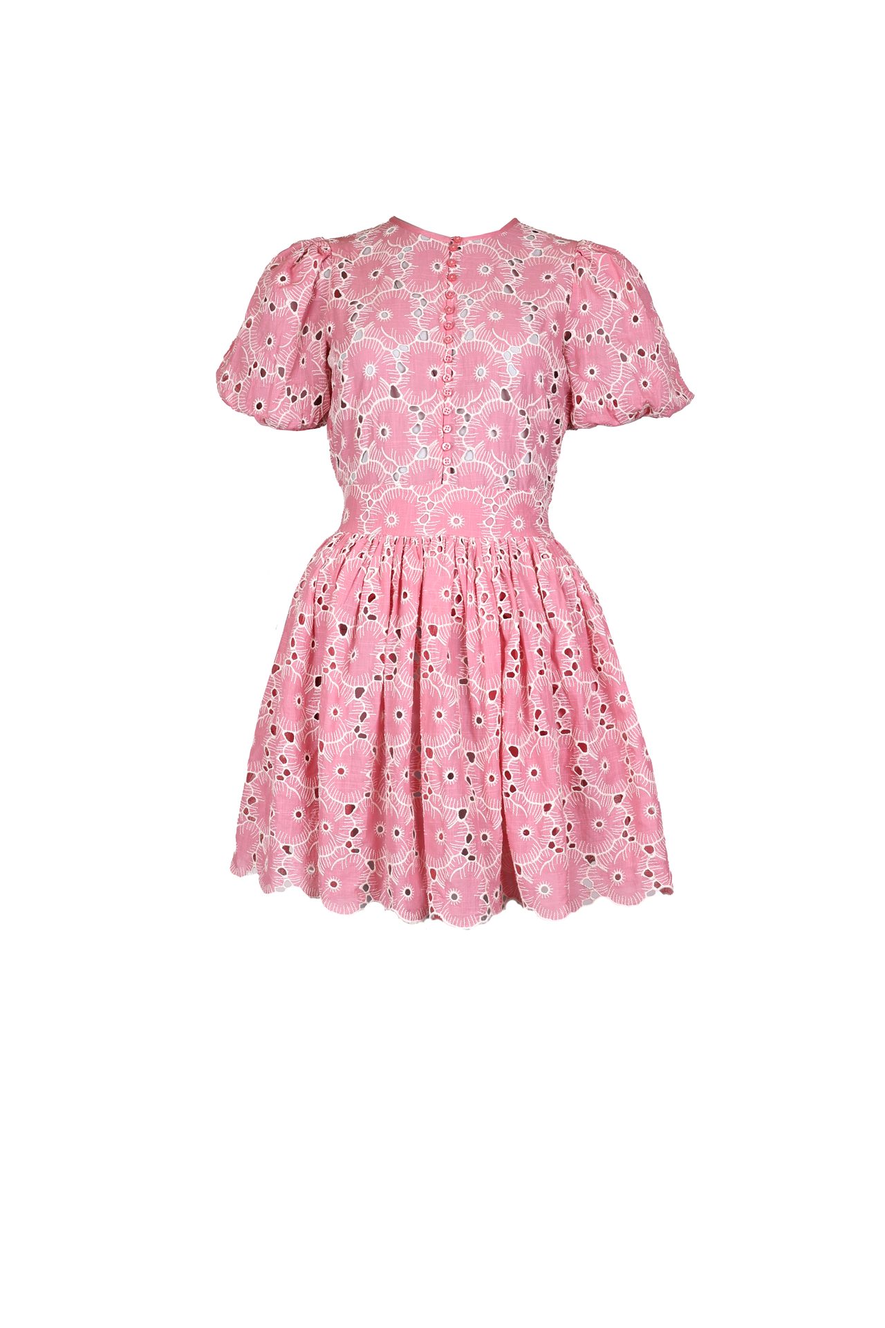 Pink eyelet mini dress with puff sleeves and scalloped hem.