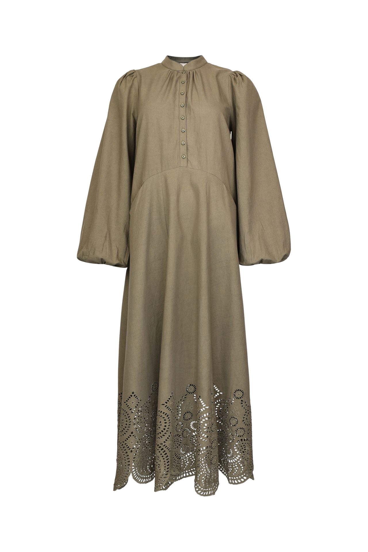 Olive green midi dress with high collar, long voluminous sleeves, button placket, and laser-cut hem.