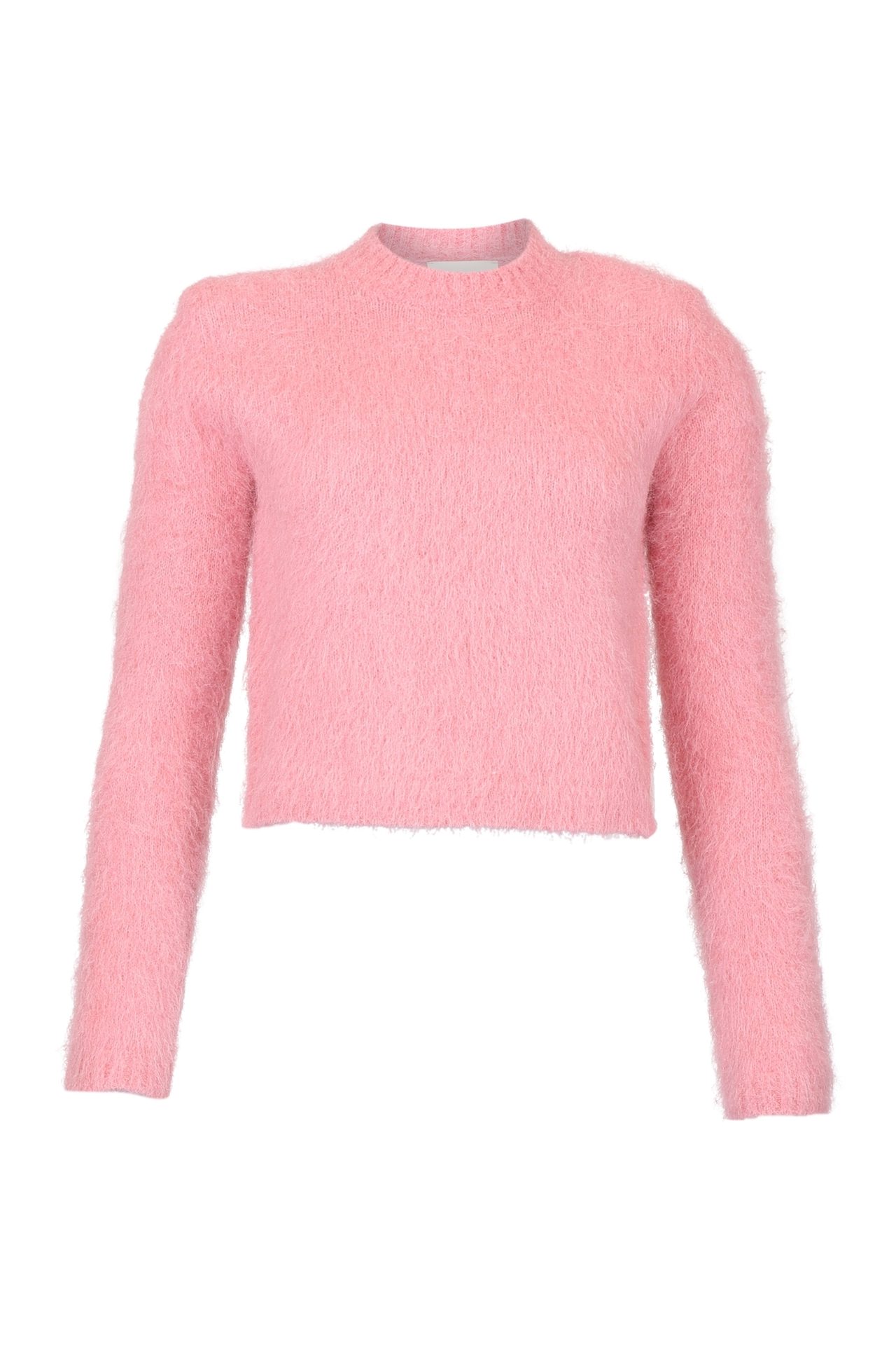 Pink fuzzy cropped mock neck sweater.