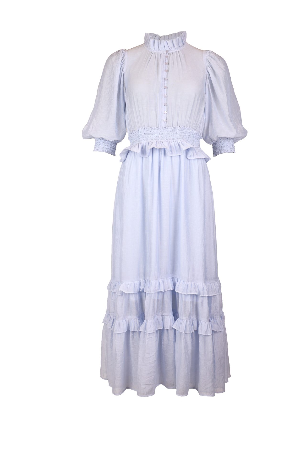 Pale blue tiered maxi dress with ruffled high neck, puff sleeves, shirred waist and cuffs.