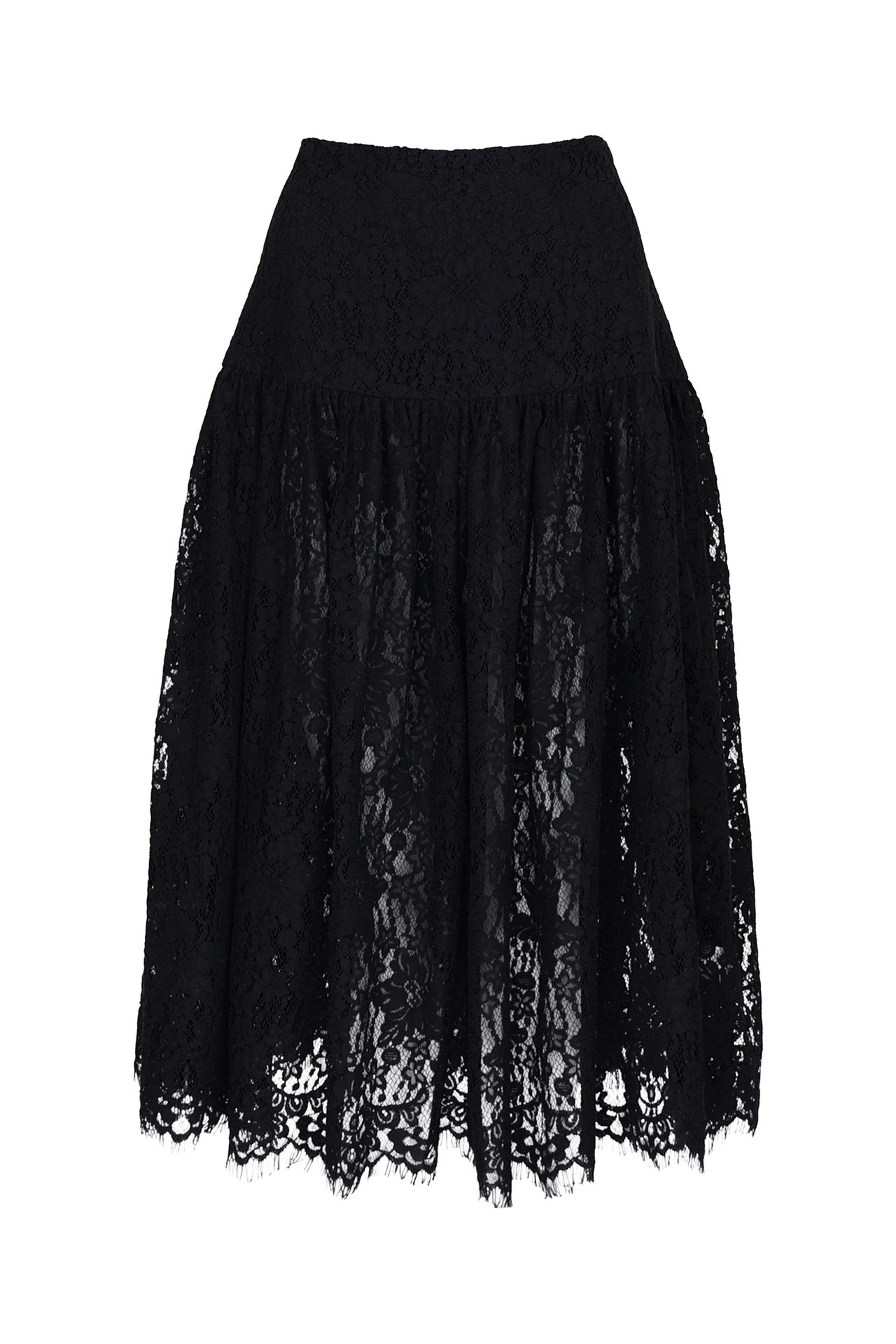 A black lace flared skirt.