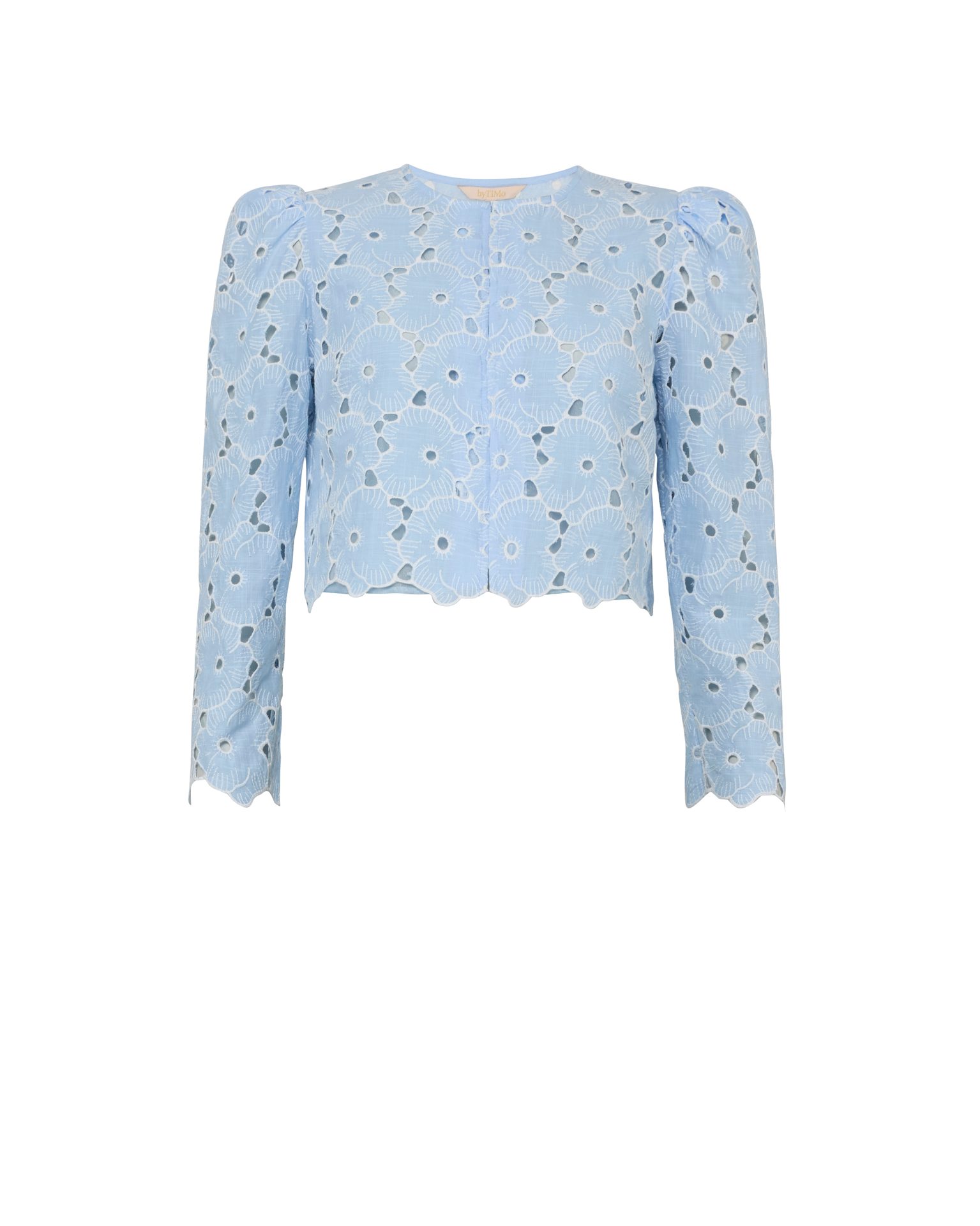 Cropped light blue jacket with floral eyelet embroidery and puffed sleeves.