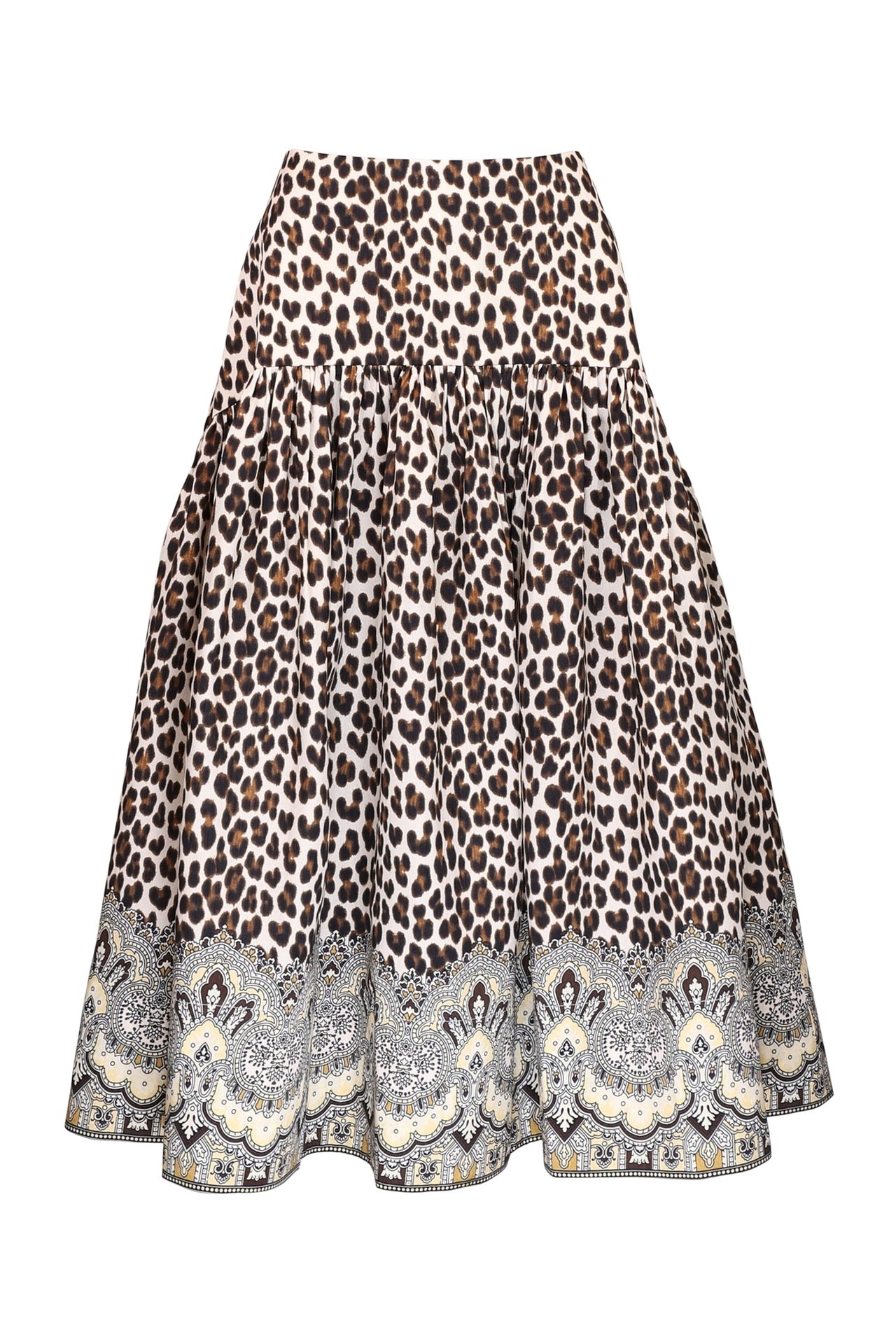 Leopard print flared skirt with patterned hem.
