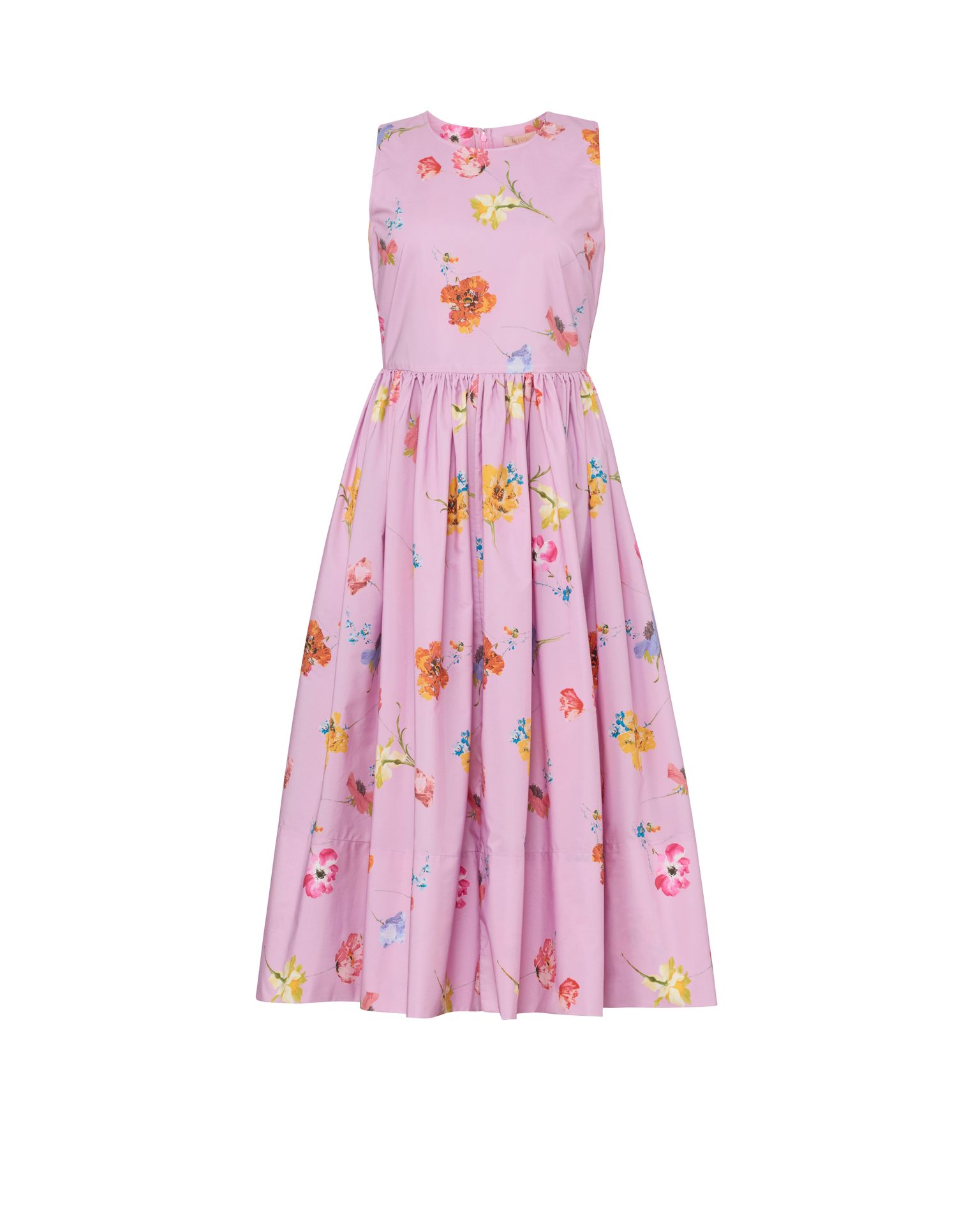 Sleeveless lavender-pink midi dress with vibrant floral print and gathered waist.