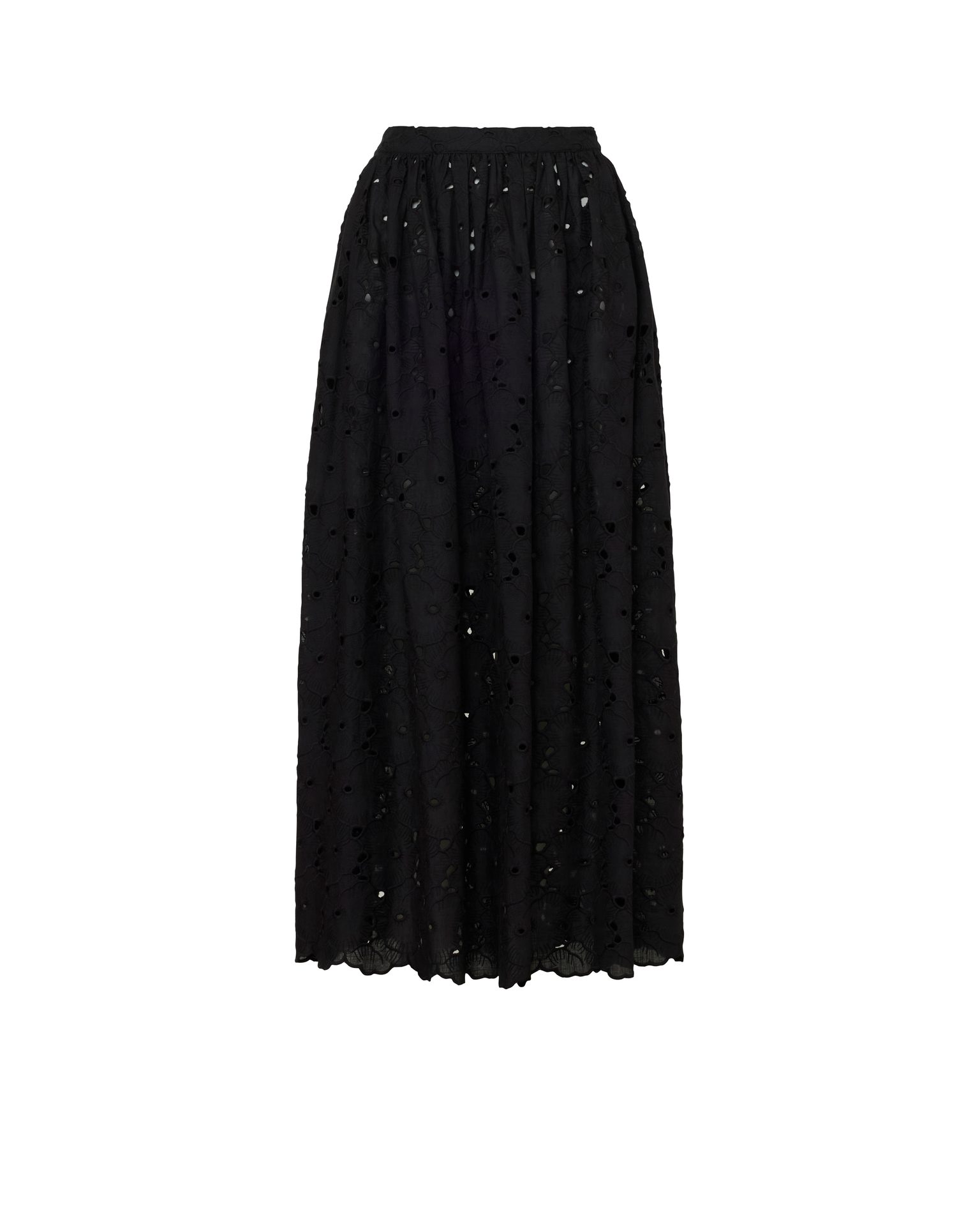 Black maxi eyelet skirt with scalloped hem.