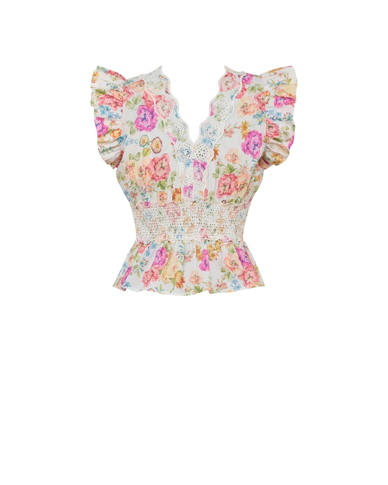 White floral V-neck blouse with ruffled cap sleeves and a shirred waist.