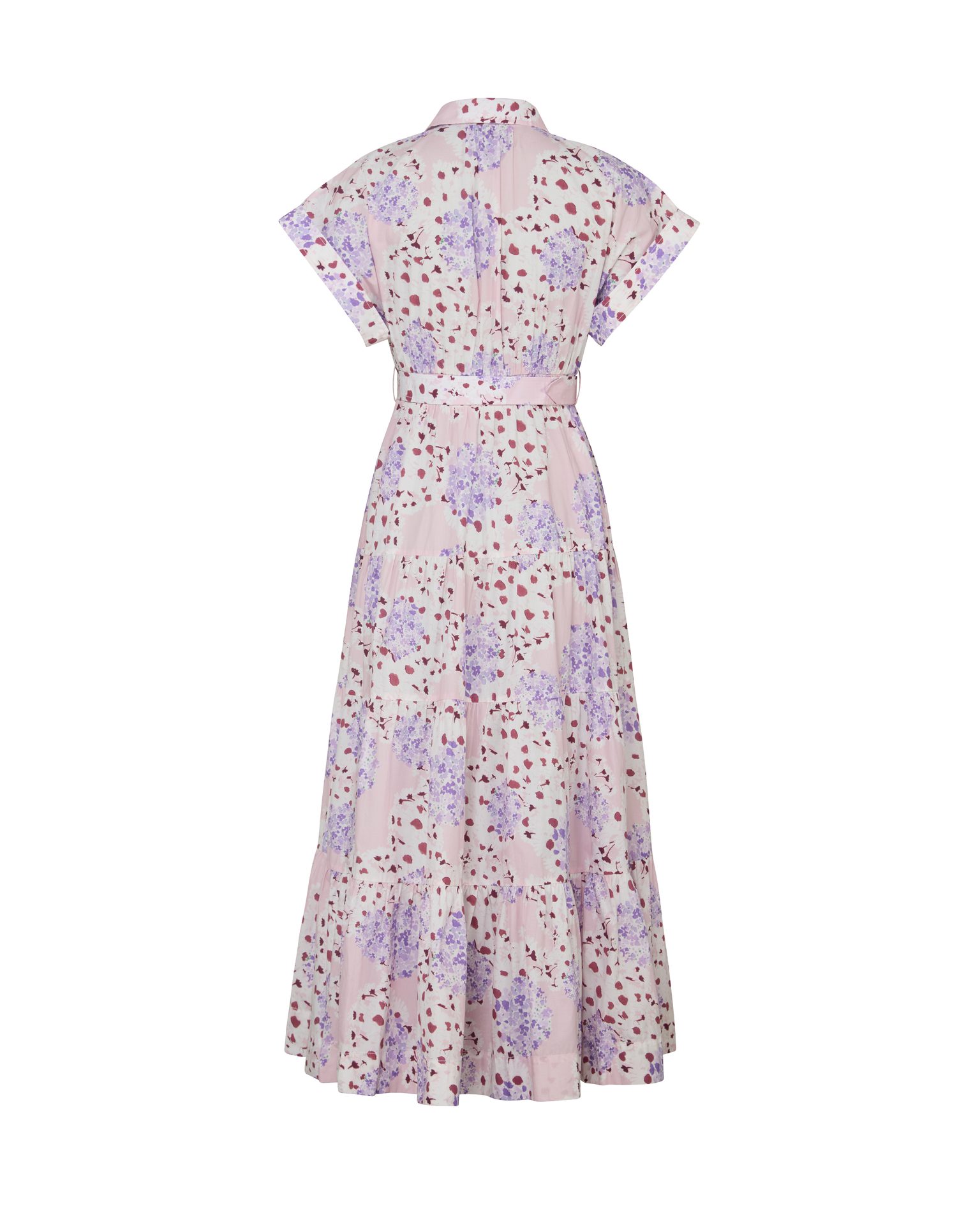 Pink, purple, and white floral midi dress with a collar, short sleeves, and tiered skirt.
