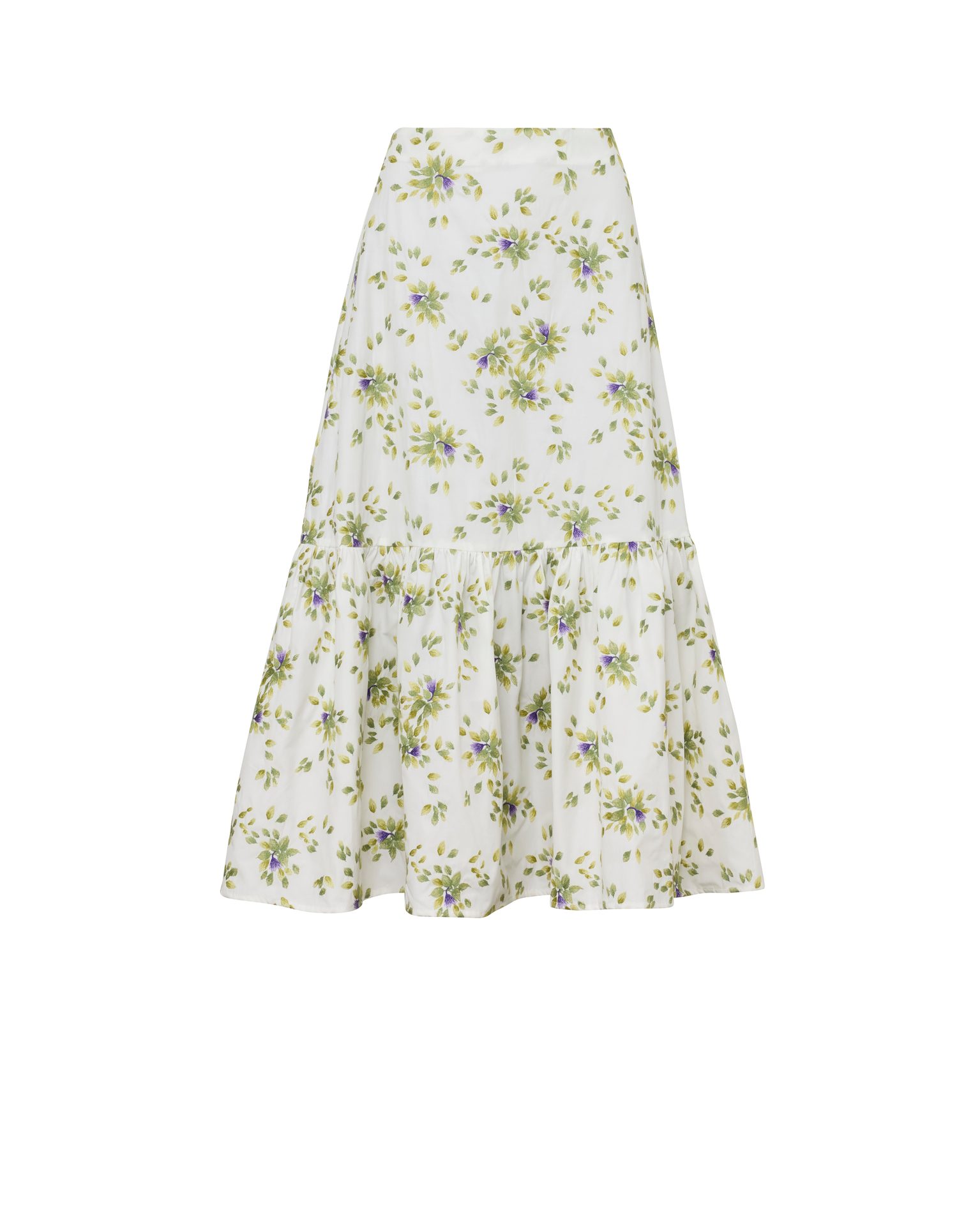 White midi skirt with green and purple floral print, and a tiered hem.