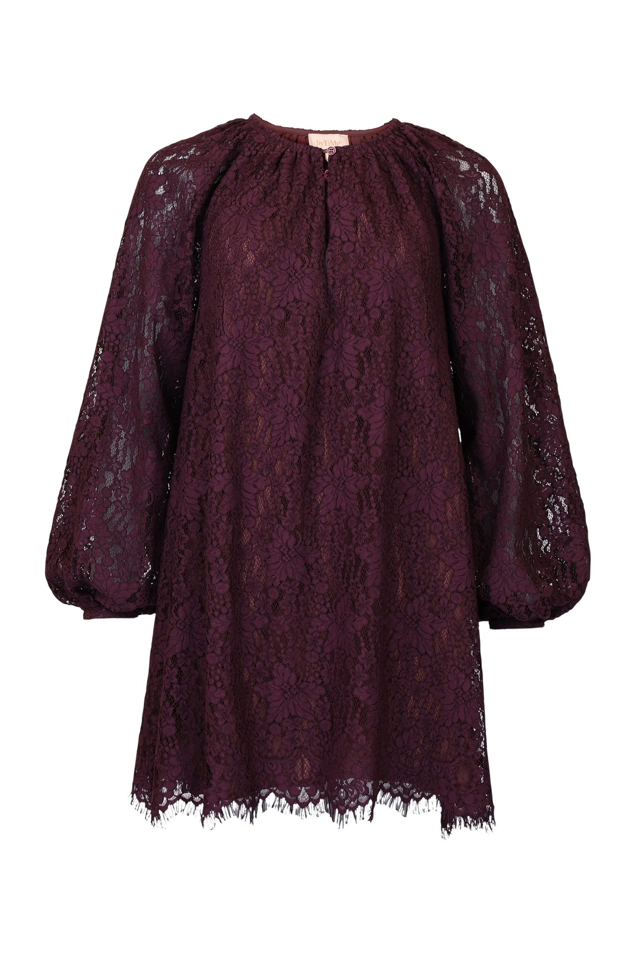 Plum lace mini dress with balloon sleeves and a frayed hem.