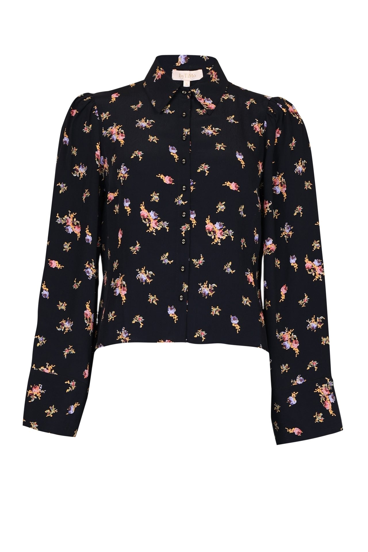 Black byTiMo floral print blouse with puffed sleeves and collar.