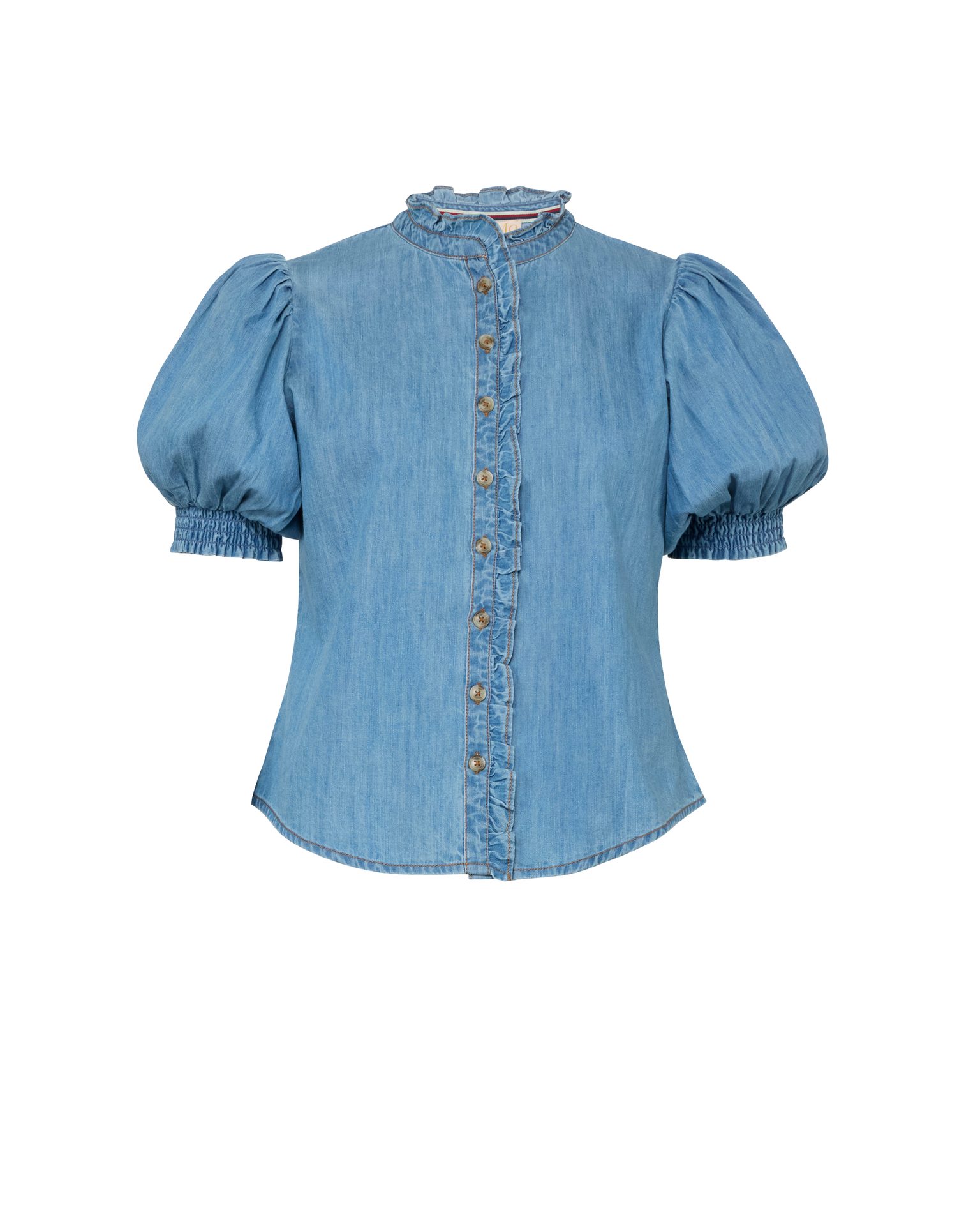 Light blue denim blouse with ruffled stand-up collar, ruffled button placket, and puff sleeves with smocked cuffs.