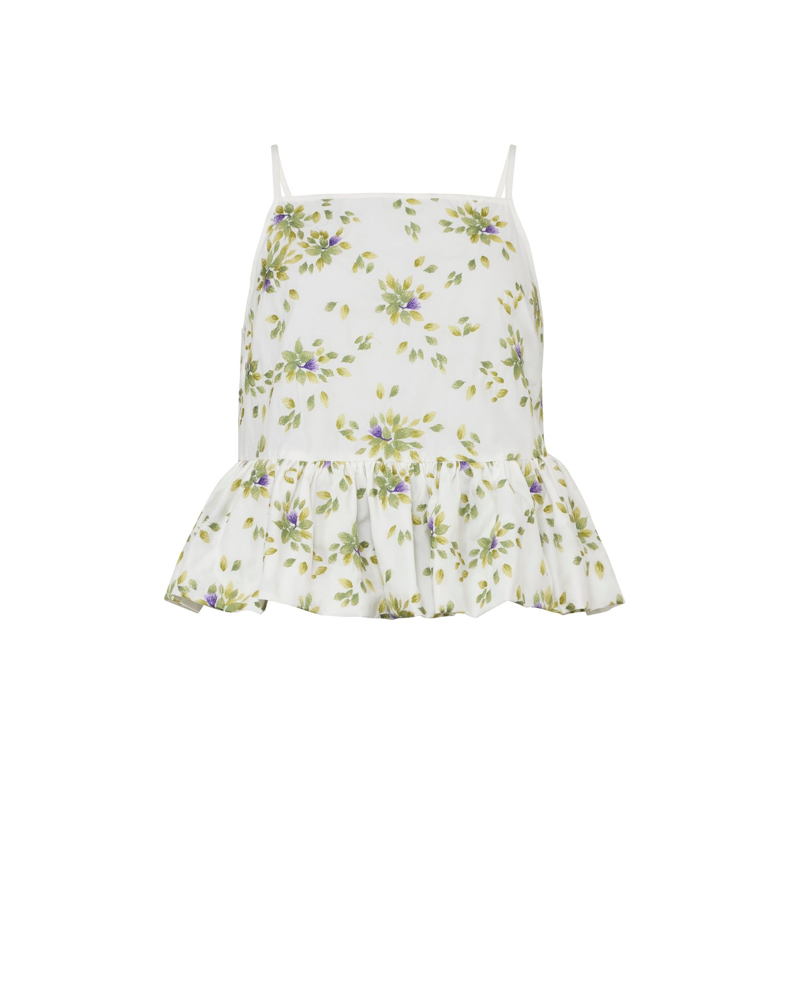 White sleeveless top with green and purple floral print and ruffled hem.