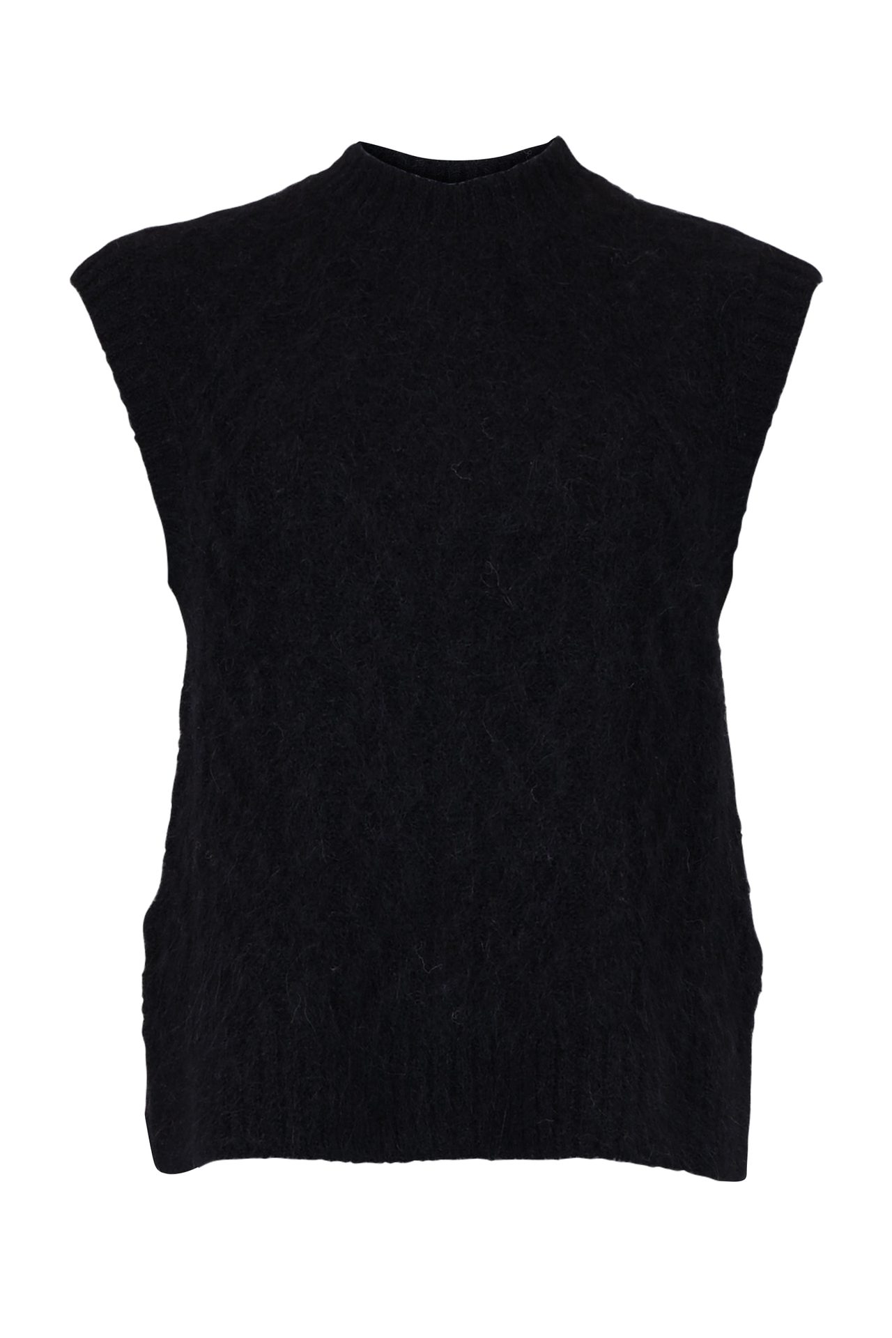 Black fuzzy sleeveless mock neck top.
