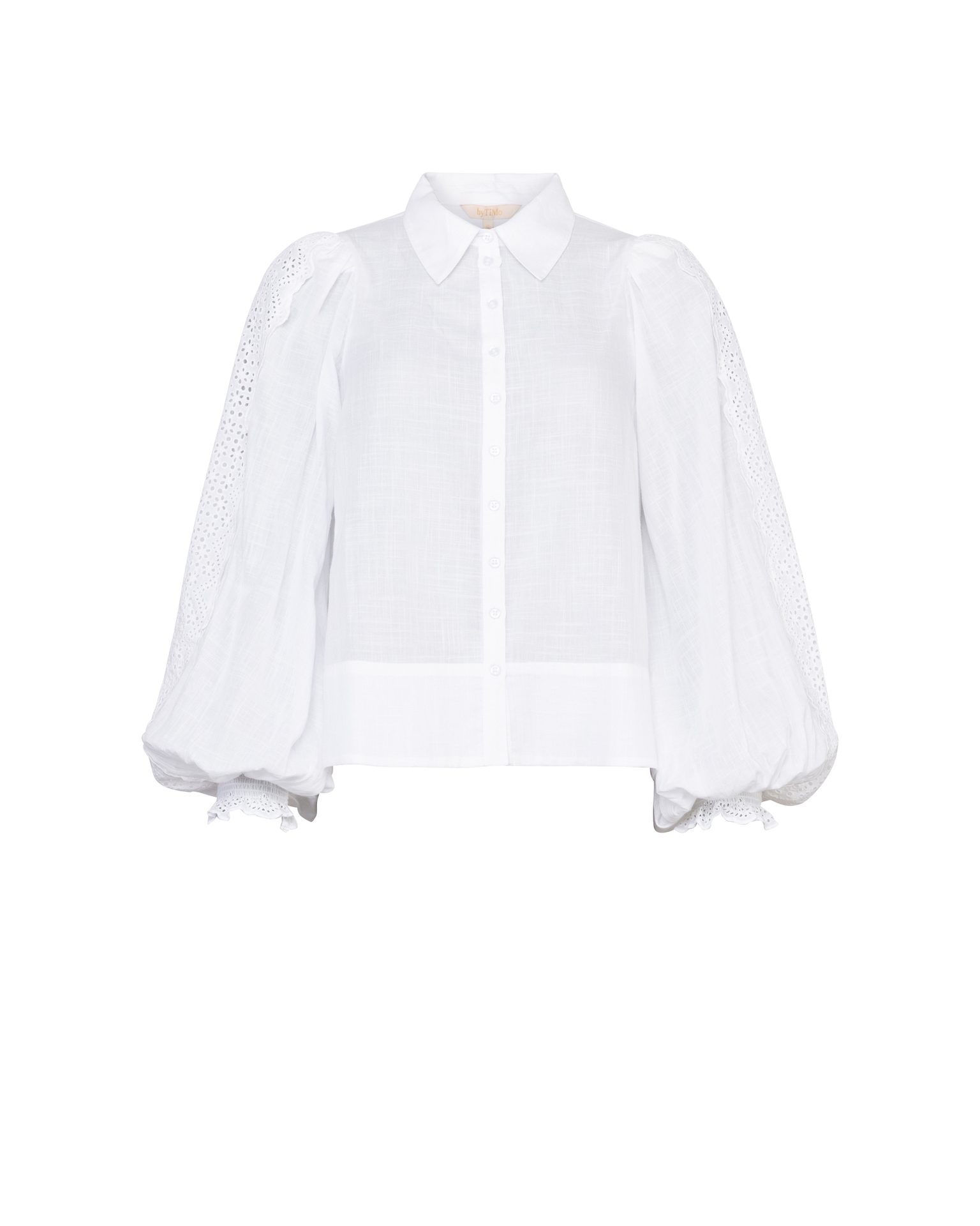White button-down shirt with puff sleeves and eyelet lace details.
