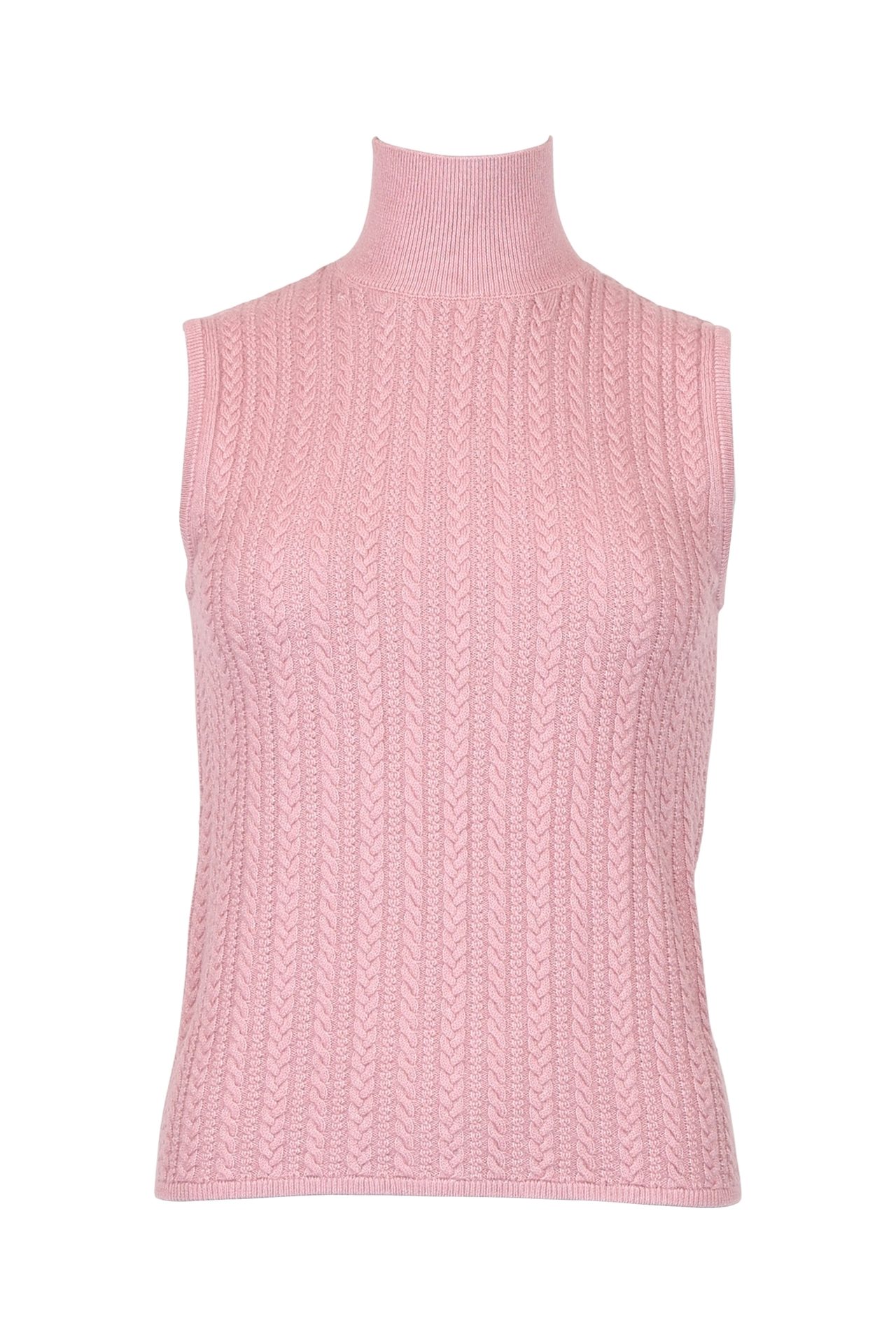 Pink cable-knit sleeveless turtleneck.
