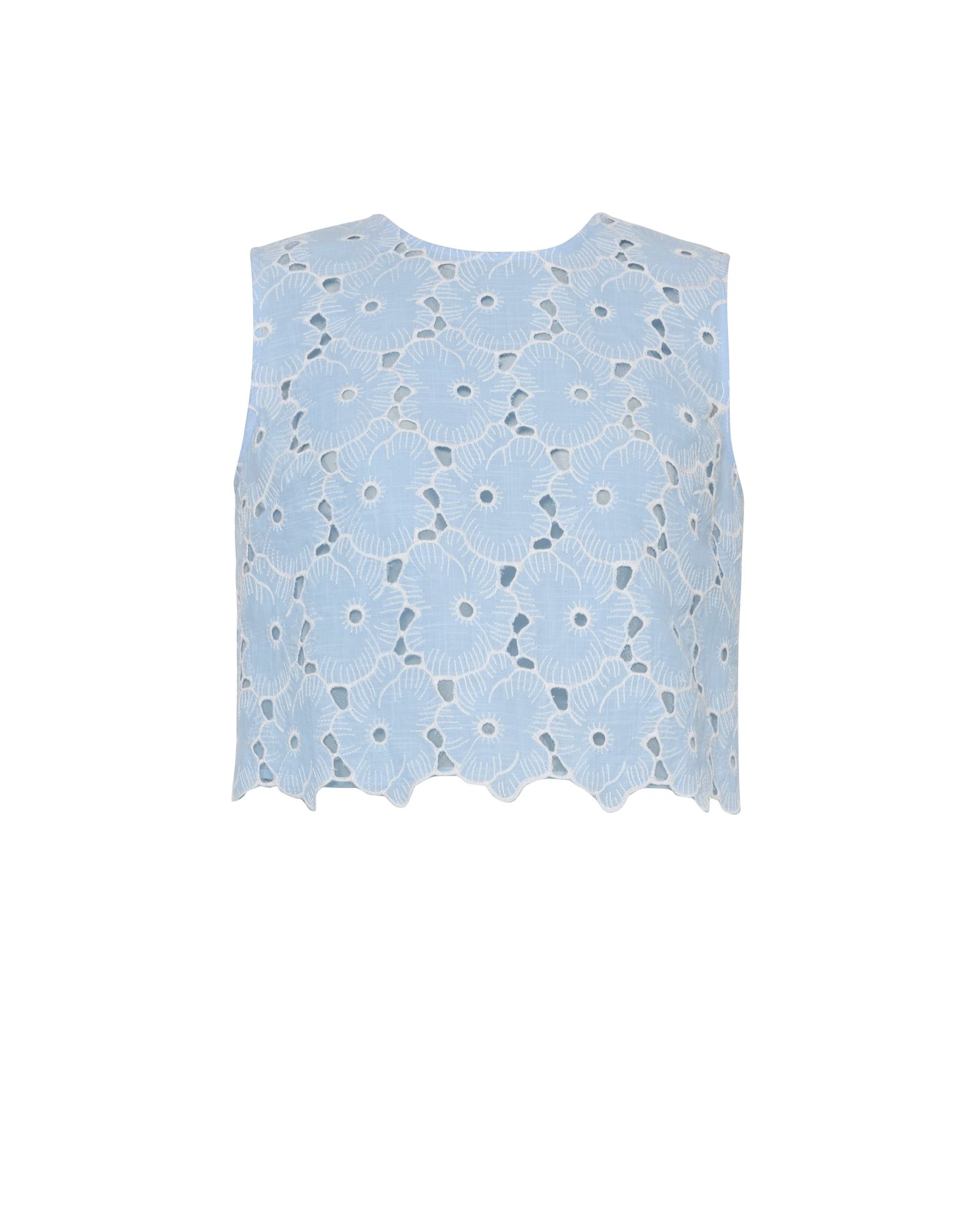 Light blue eyelet sleeveless top with floral cutouts and scalloped hem.