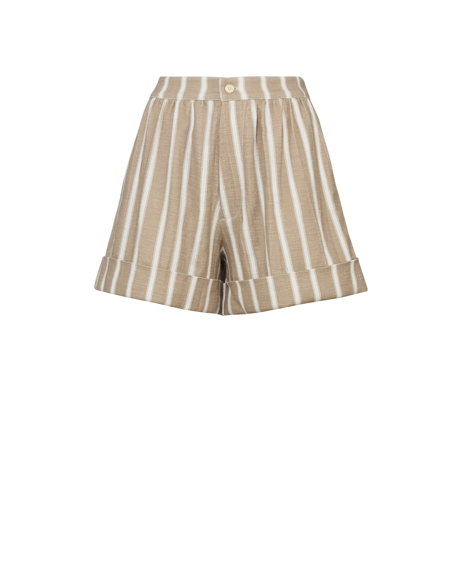 Tan and white striped shorts with a folded hem.