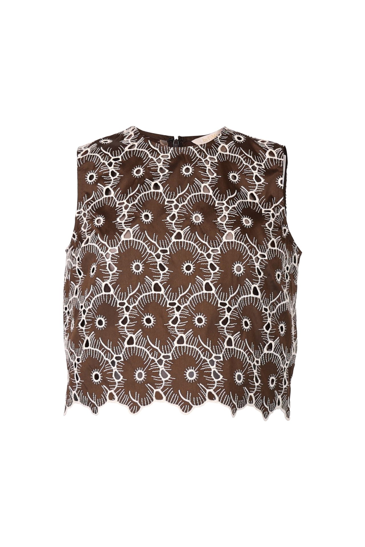 Brown floral eyelet sleeveless top with scalloped hem.
