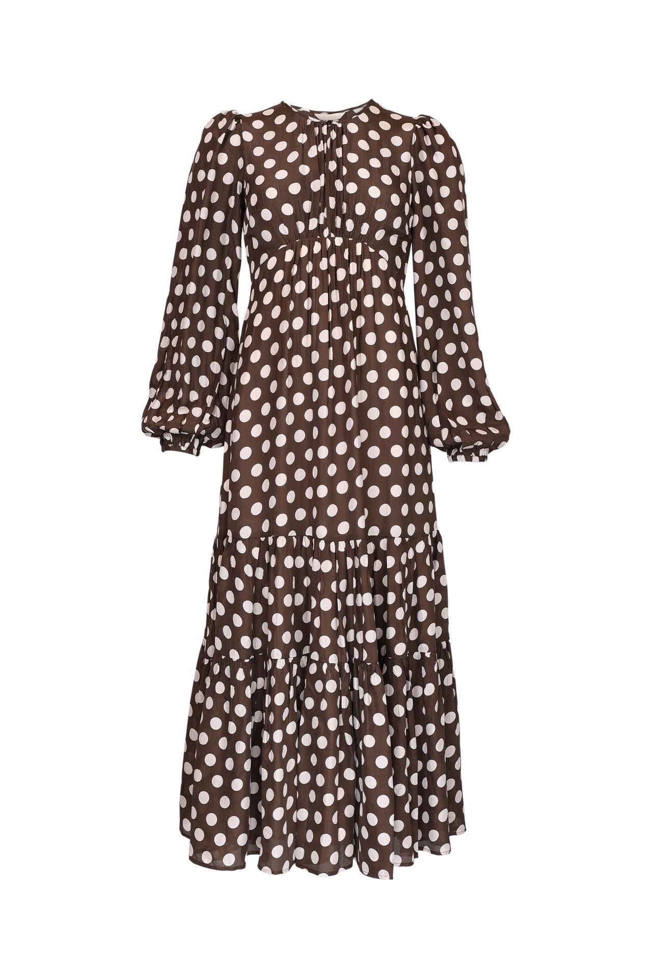 Brown polka dot long sleeve tiered midi dress.