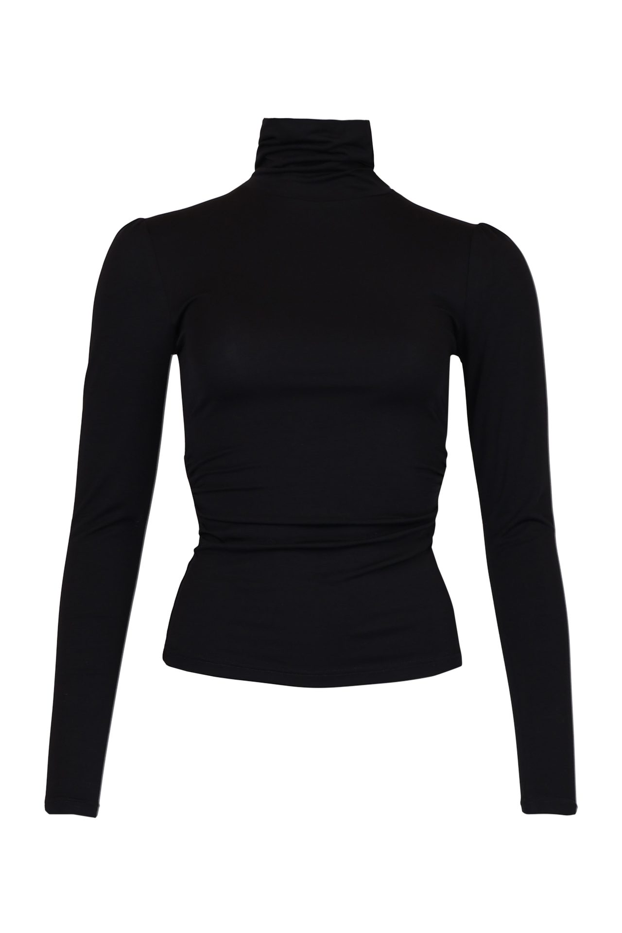 Black turtleneck top with long sleeves and side ruching.