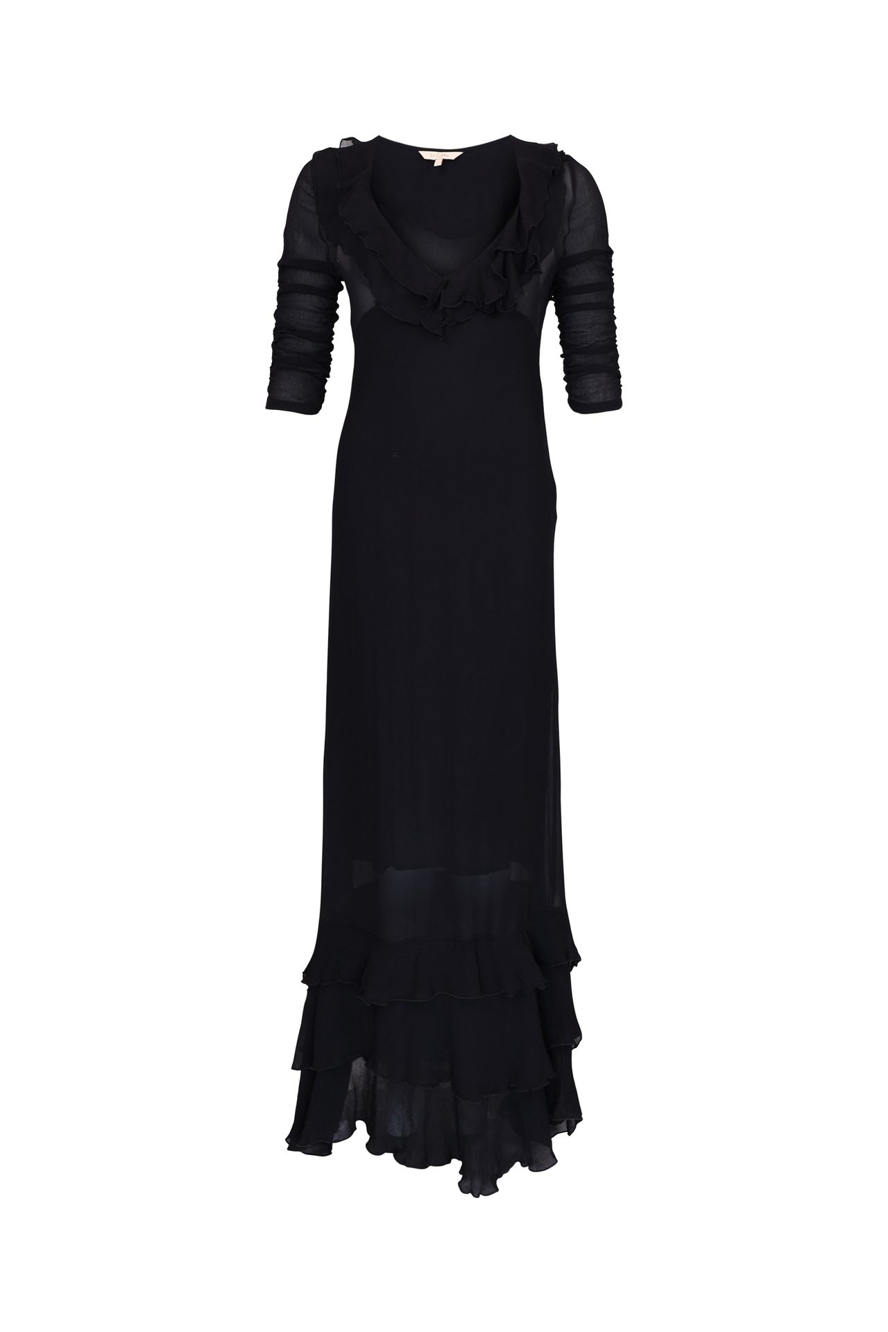 Black maxi dress with ruffled neckline, sheer ruched sleeves, and tiered ruffled hem.