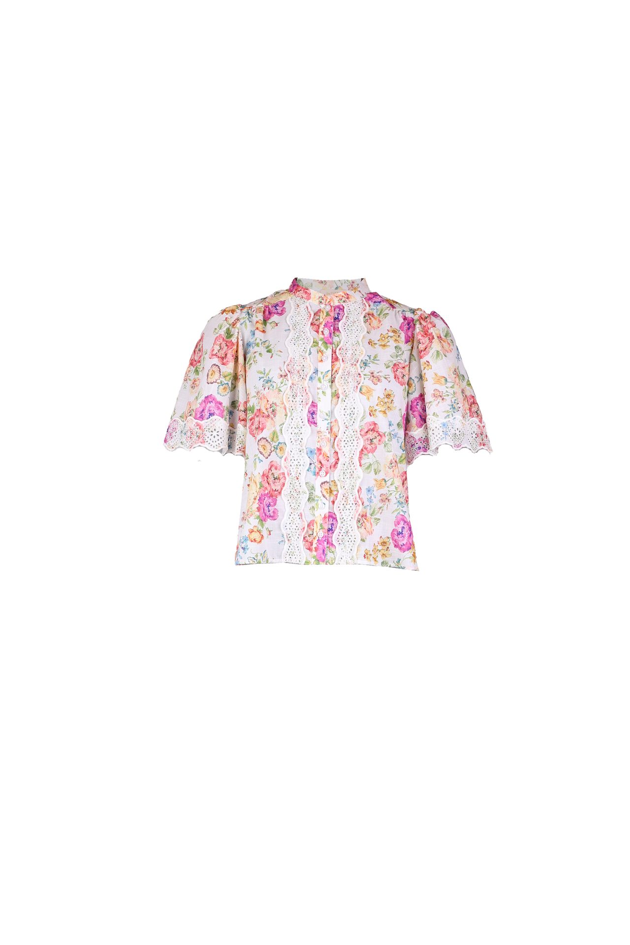 Floral print blouse with white lace trim, high neck, and short, scalloped sleeves.