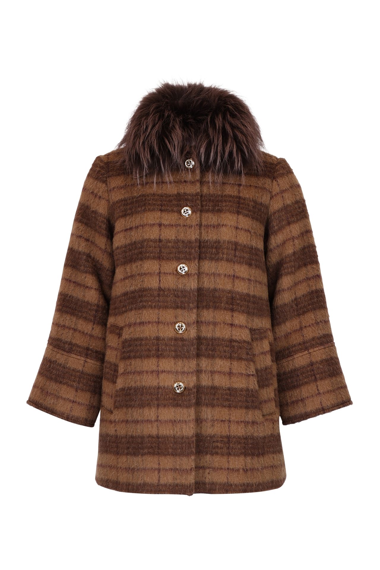 Brown plaid coat with dark fur collar and gold buttons.