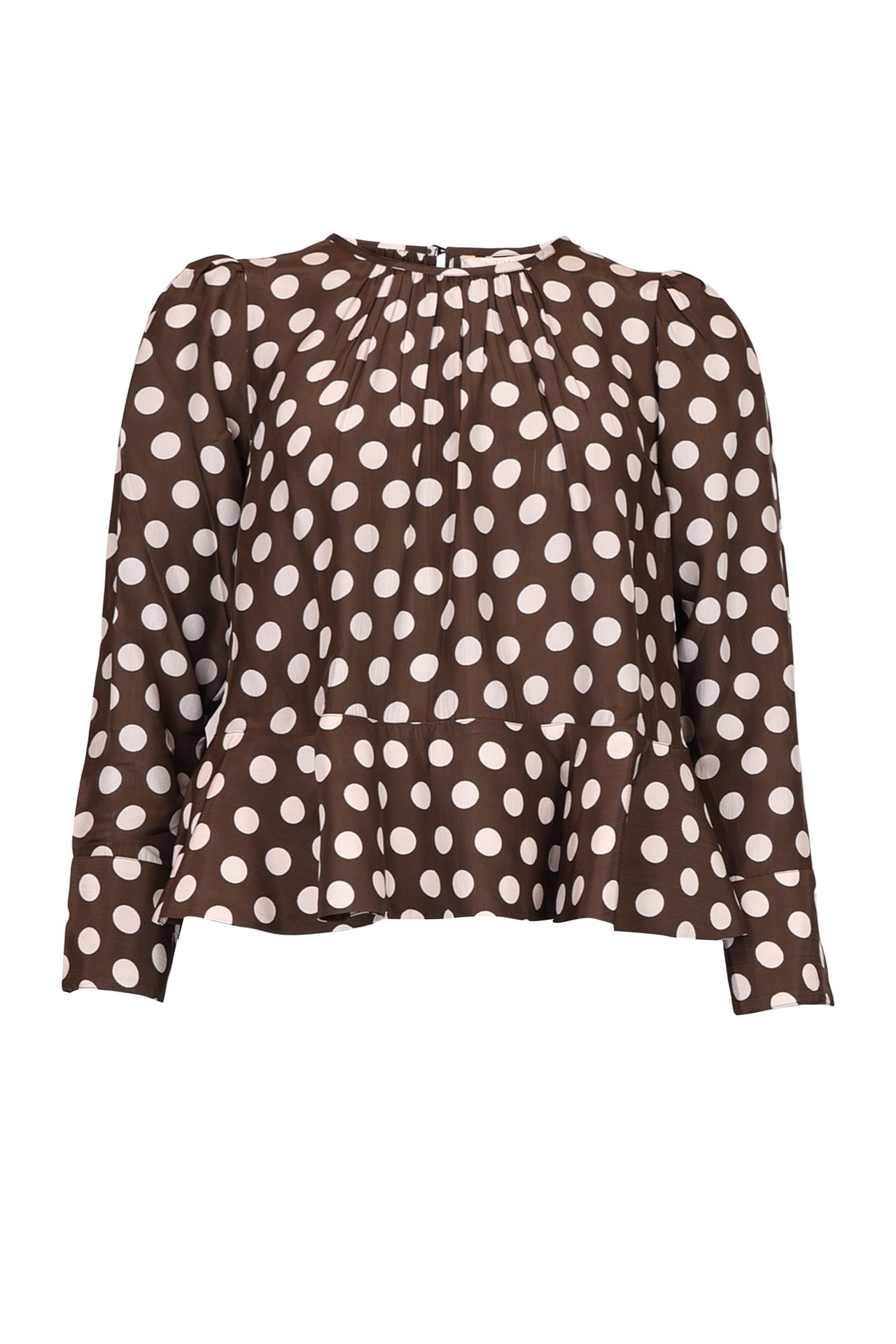 Brown polka dot long-sleeve blouse with a round neck, gathered details, and a peplum hem.