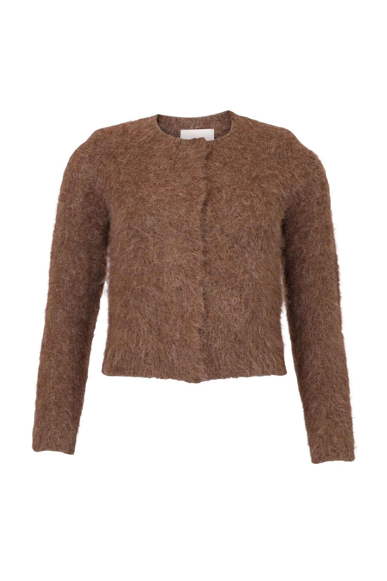 Brown fluffy round-neck cardigan.