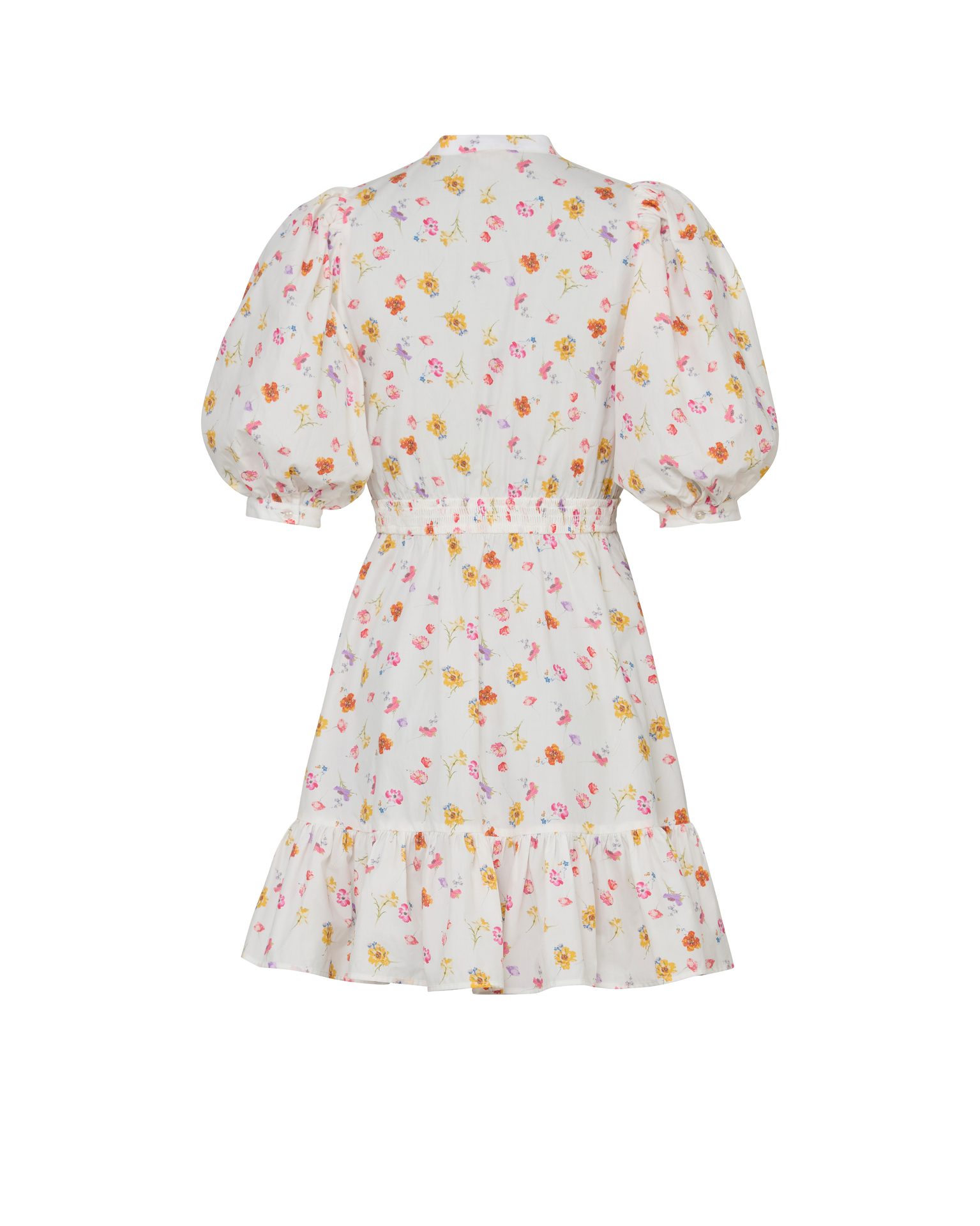 Back view: White floral mini dress with puffed sleeves, high neck, shirred waist, and ruffled hem.
