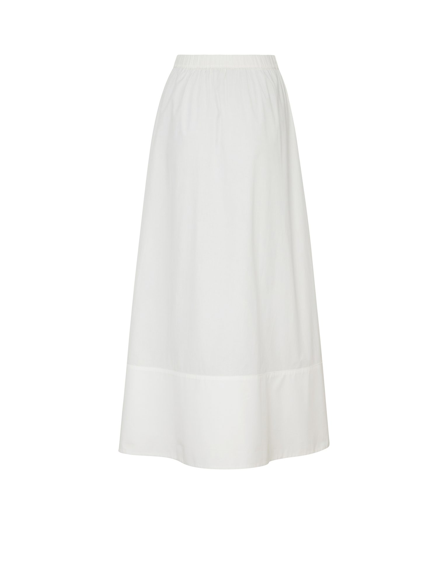 White midi skirt with an elastic waist and a subtle bottom panel.