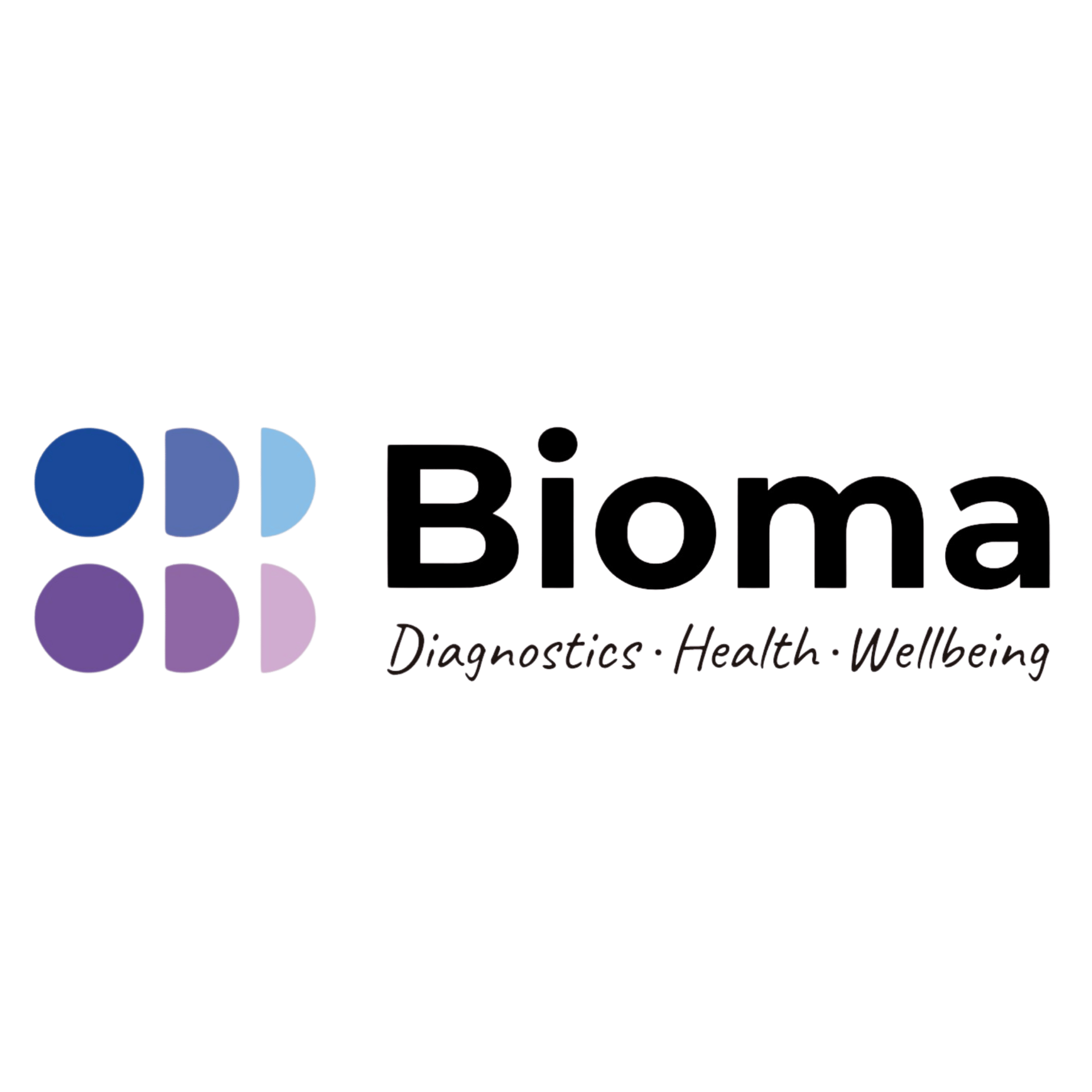 Bioma logo featuring four colorful semi-circles in blue and purple, next to 'Bioma' text and 'Diagnostics · Health · Wellbeing'.