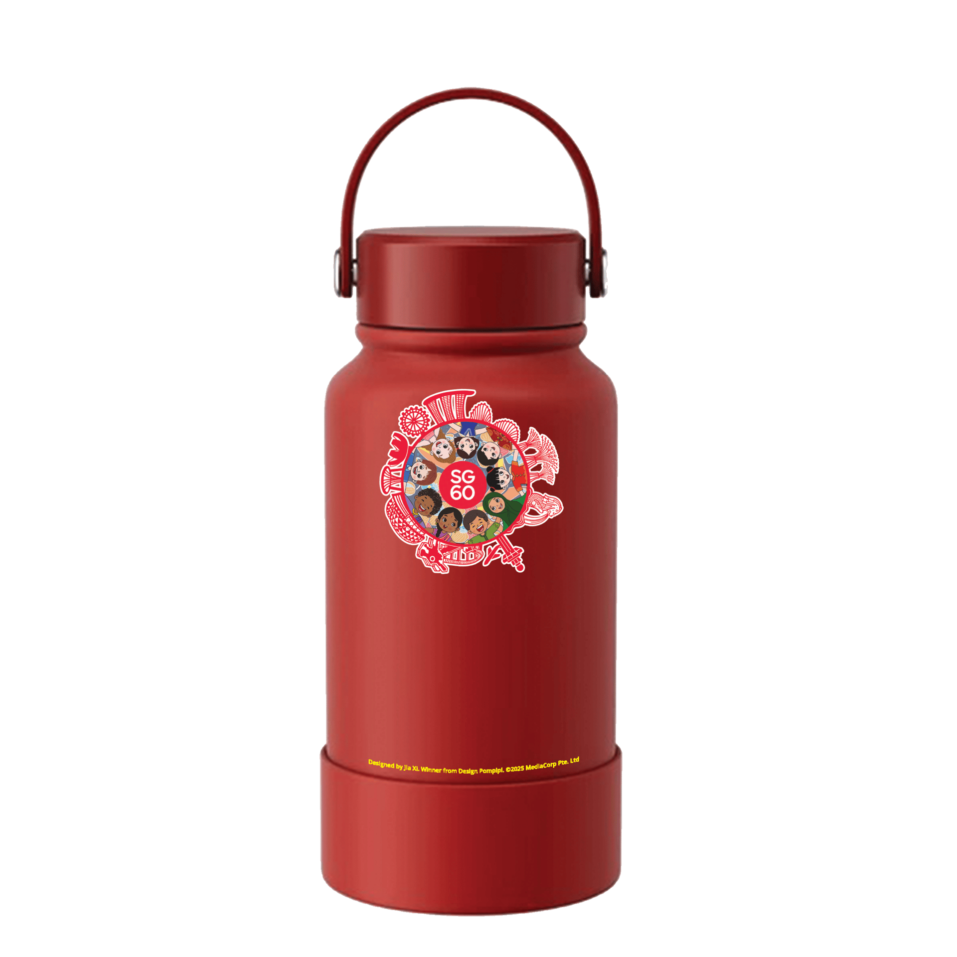 Red water bottle with a circular 'SG 60' sticker showing cartoon faces and cultural elements.