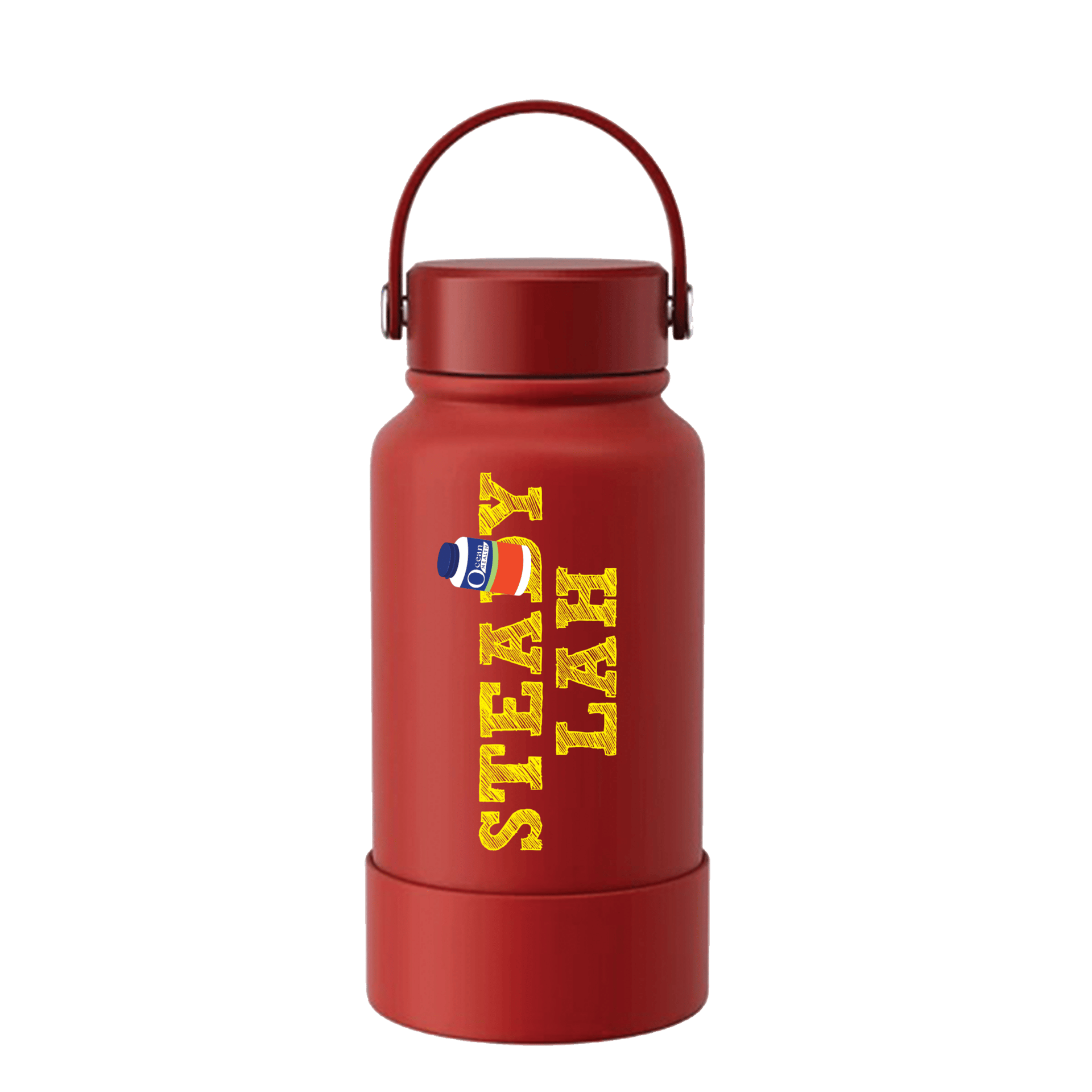Red water bottle with handle, "STEADY LAH" text, and "Ocean Health" pill logo.