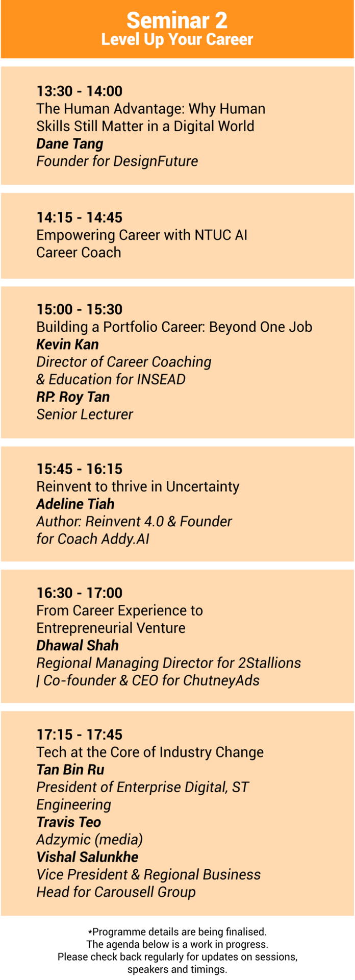Schedule for Seminar 2: Level Up Your Career, detailing various talks and speakers.