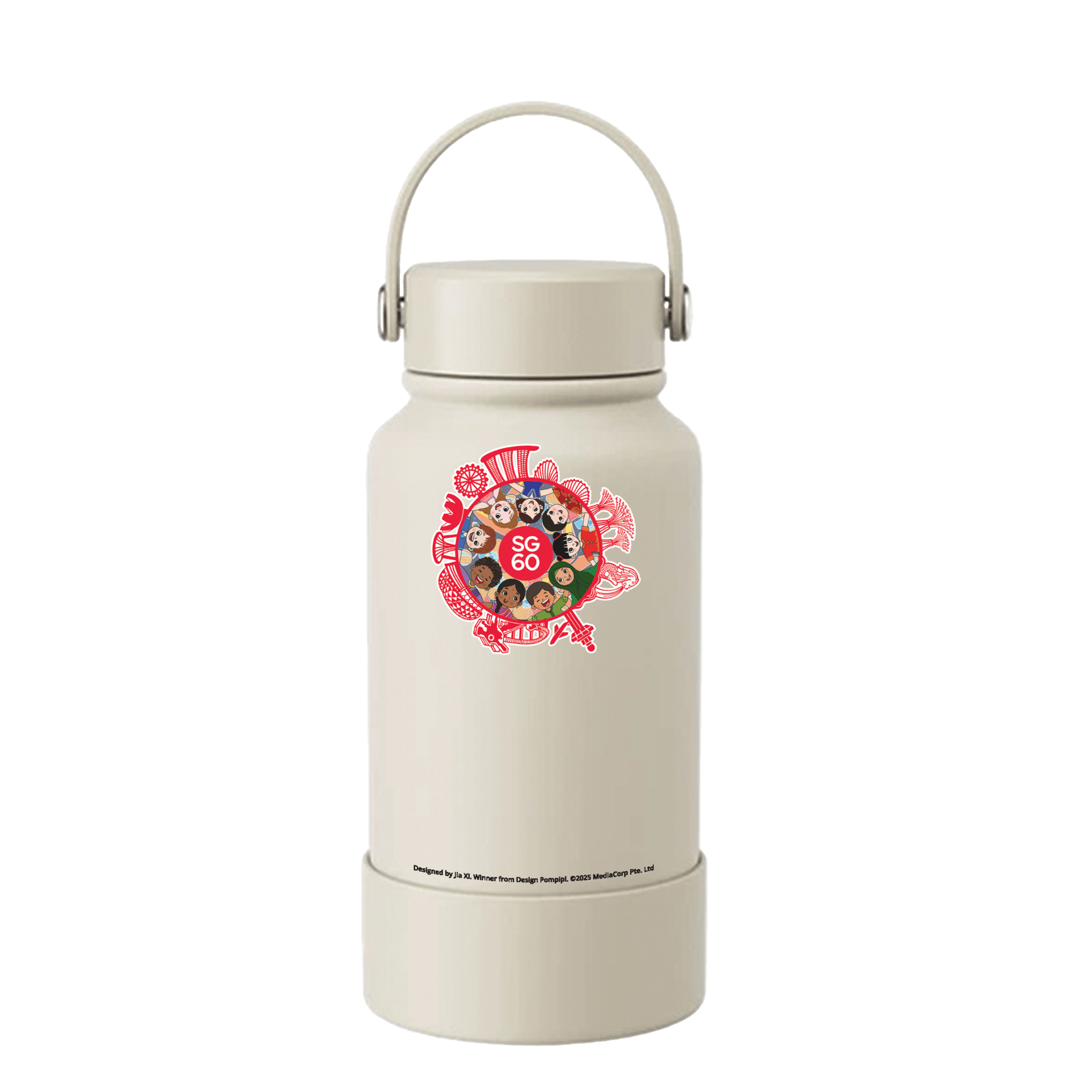 A light-colored water bottle with a red circular 'SG 60' logo depicting diverse cartoon faces.
